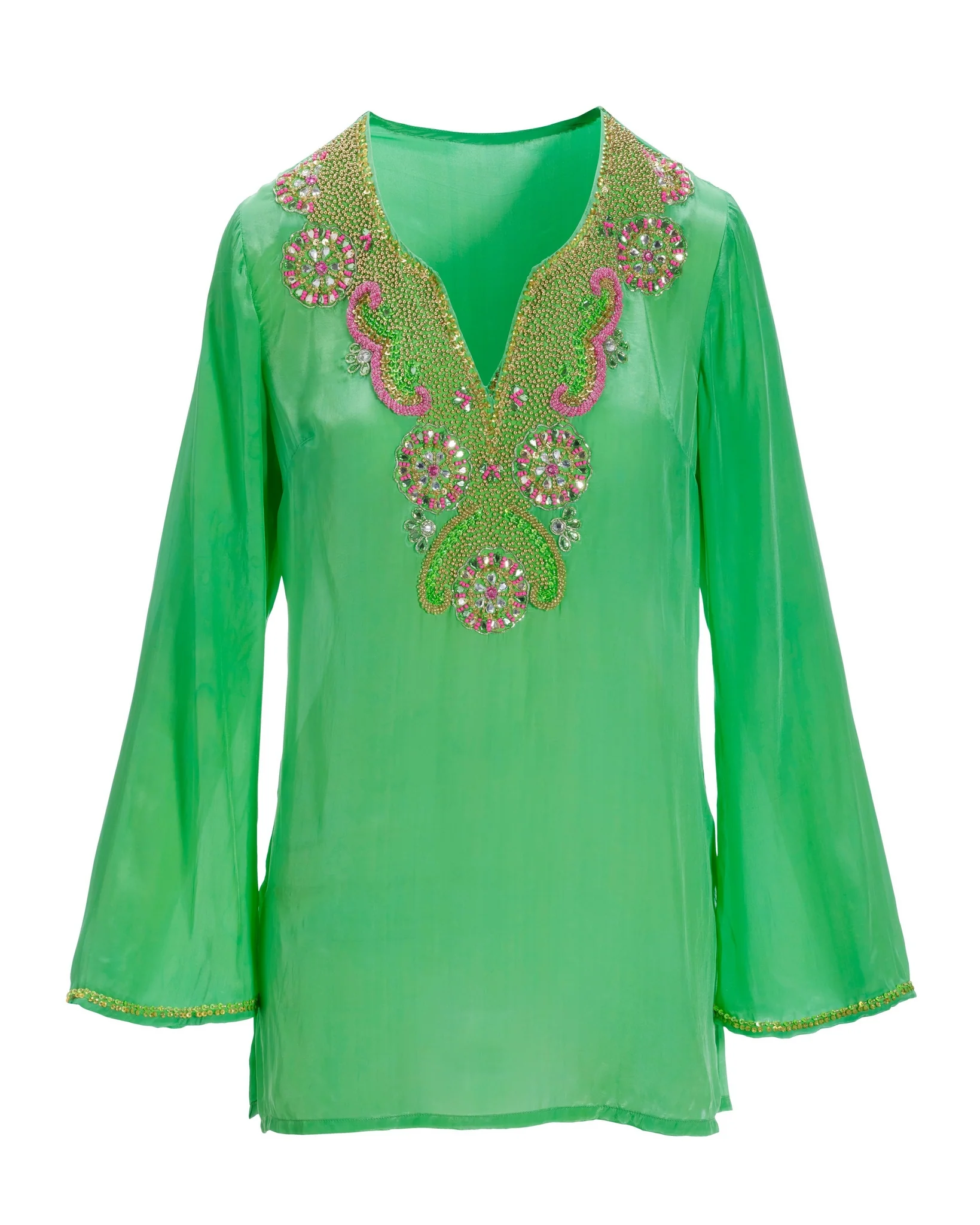 Novelty Beaded V-Neck Tunic Top Green - Mycitystee