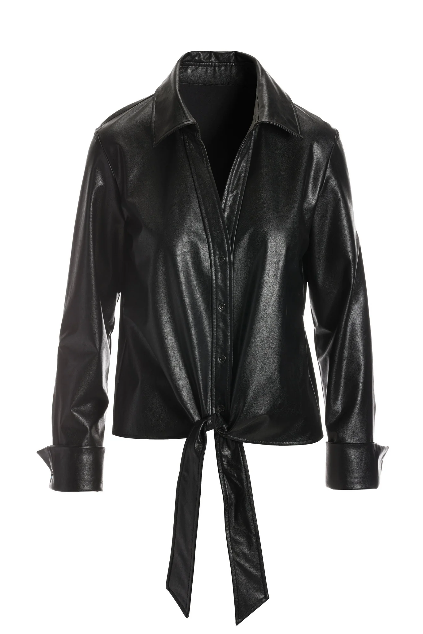 Faux Leather Tie Front Shirt Black - Mycitystee
