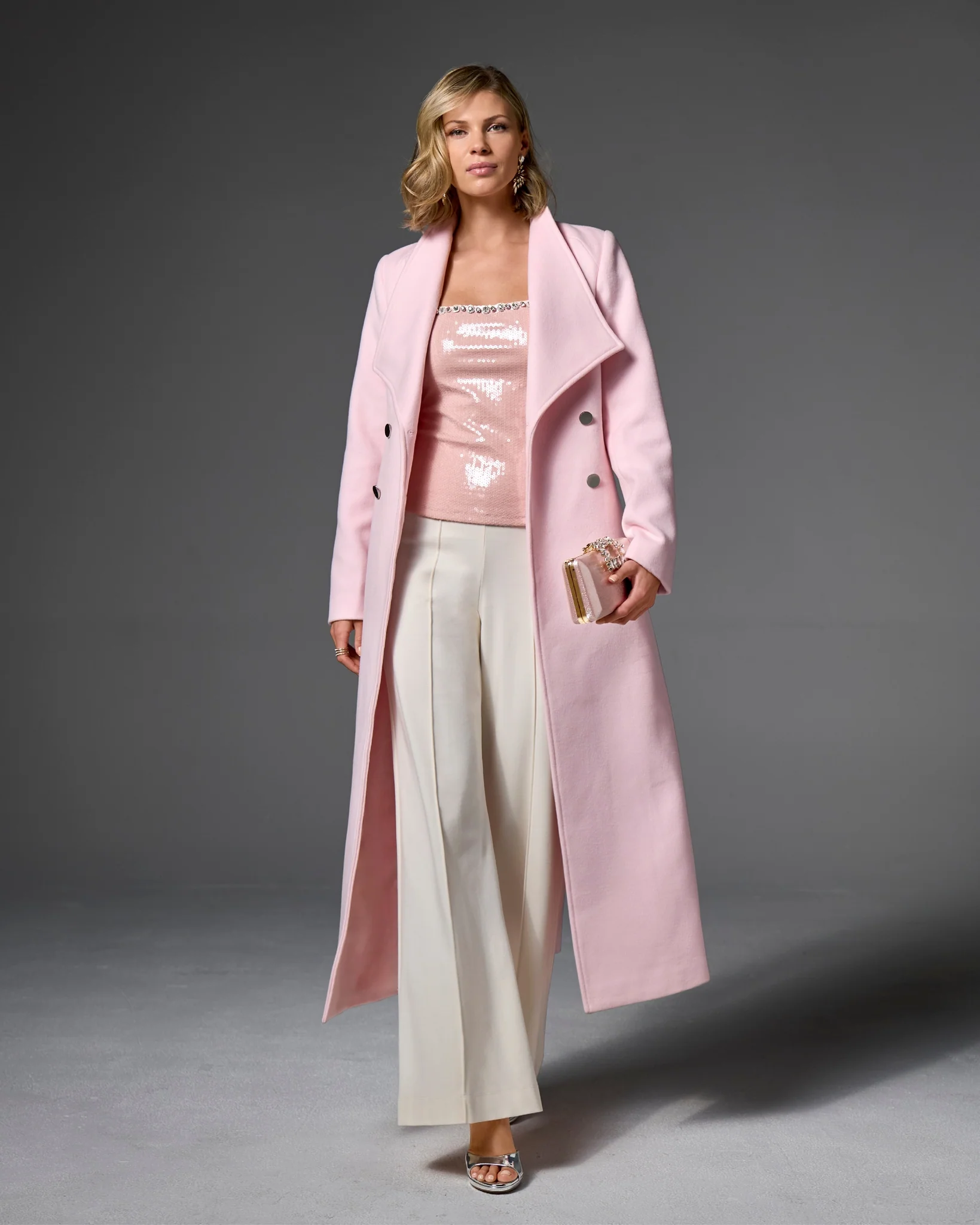 Luxe Shawl Collar Full Length Double Breasted Coat Soft Pink - Mycitystee