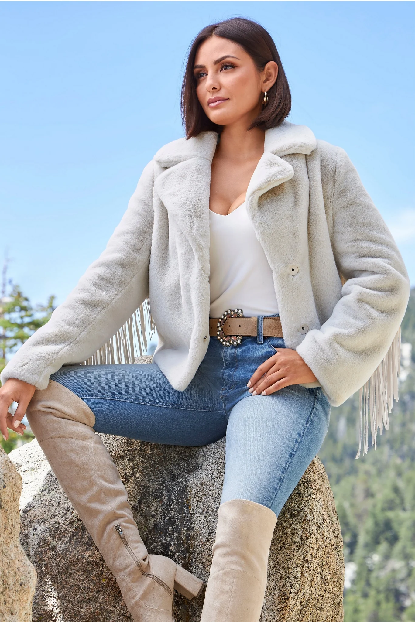 Fringe Faux-Fur Chubby Jacket Sea Salt - Mycitystee