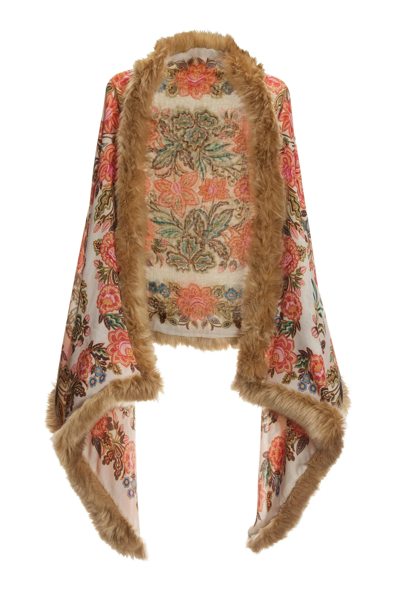 Boho Floral Print Faux Fur Trim Shawl Off White Multi - Mycitystee