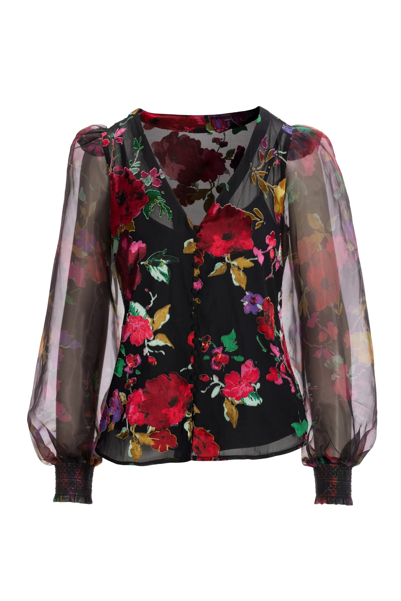 Floral Print Organza Button-Up Long-Sleeve Shirt Multi - Mycitystee