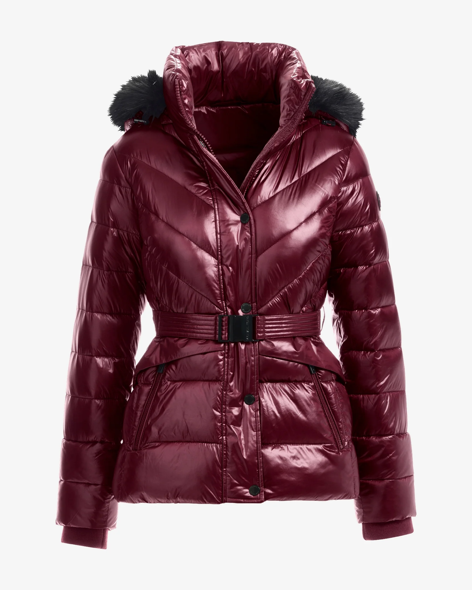Glossy Finish Faux Fur Trim Hooded Puffer Coat Cabernet - Mycitystee