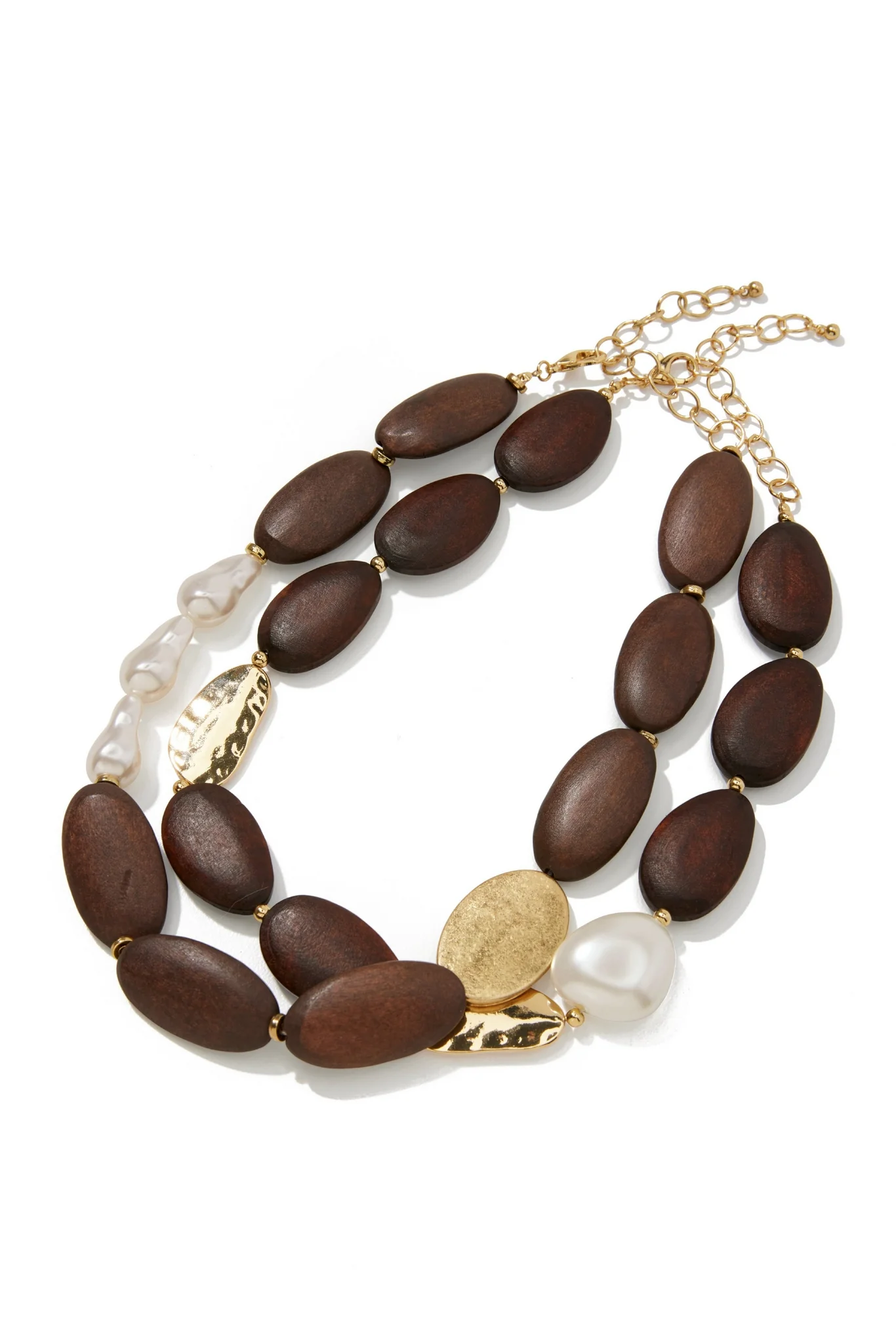 Layered Wood & Pearl Necklace Brown Multi - Mycitystee