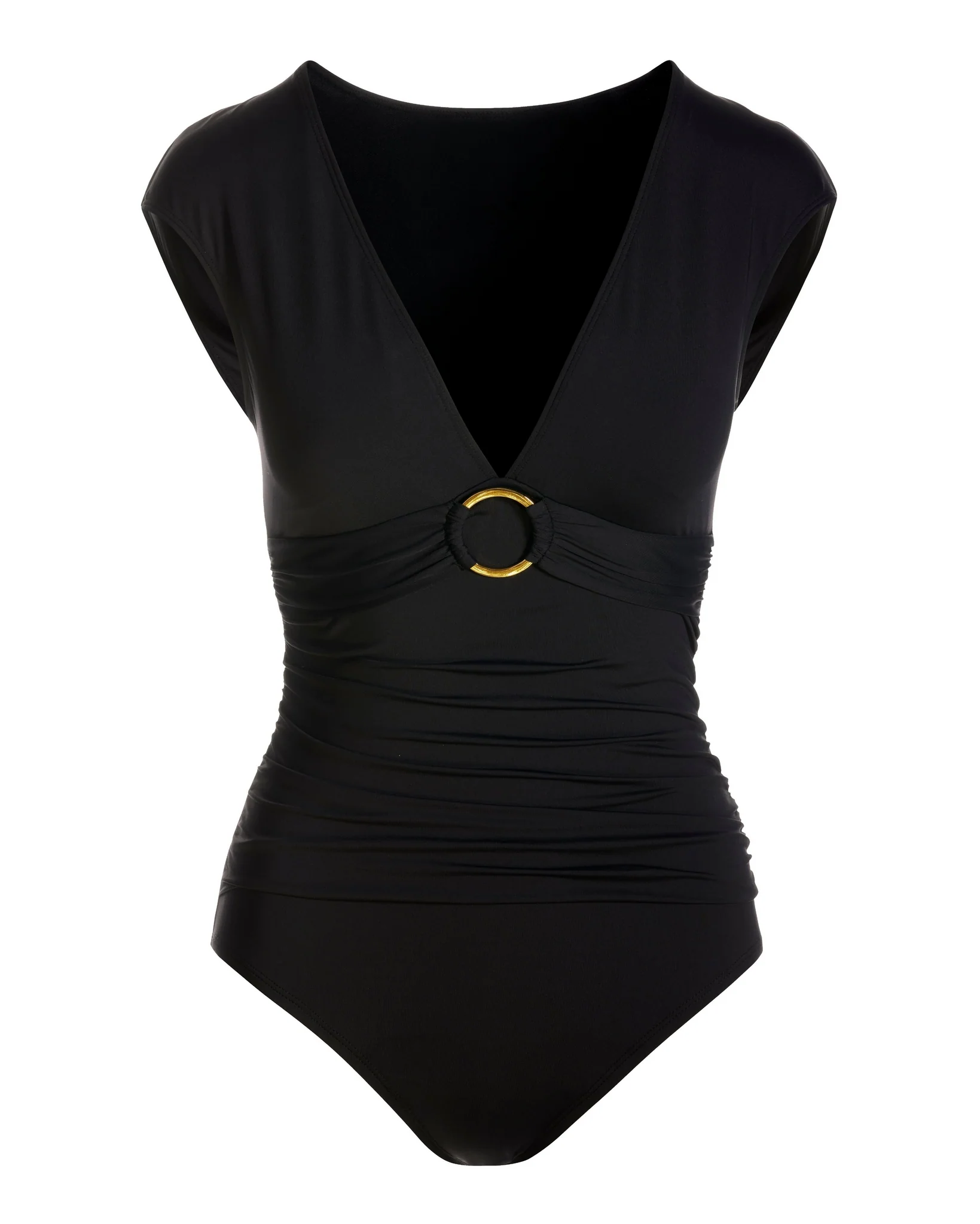 Cap-Sleeve Ring Detail One-Piece Swimsuit Black - Mycitystee