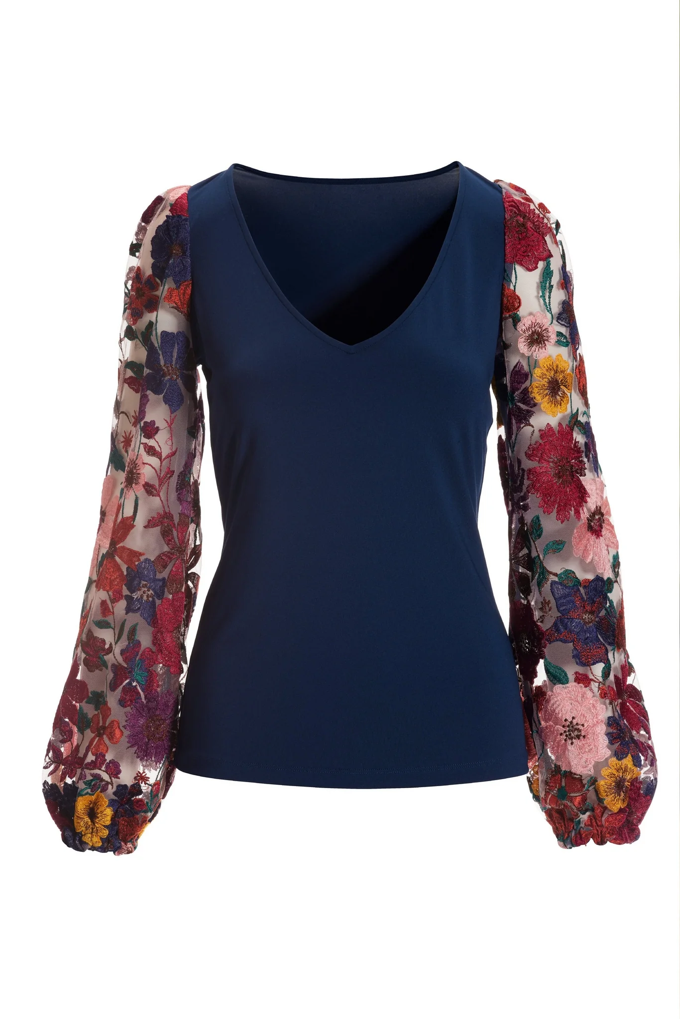 Floral Embroidered Sleeve V Neck Top Navy Multi - Mycitystee