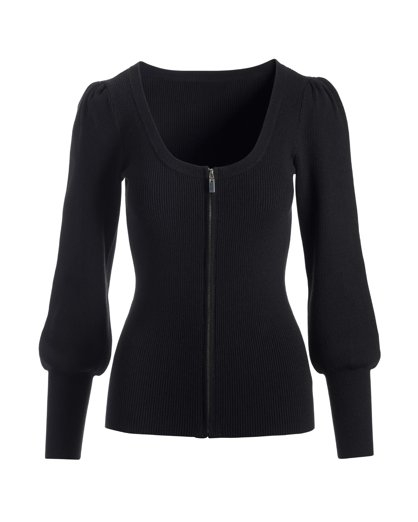 Ribbed Scoop-Neck Zip-Up Cardigan Black - Mycitystee