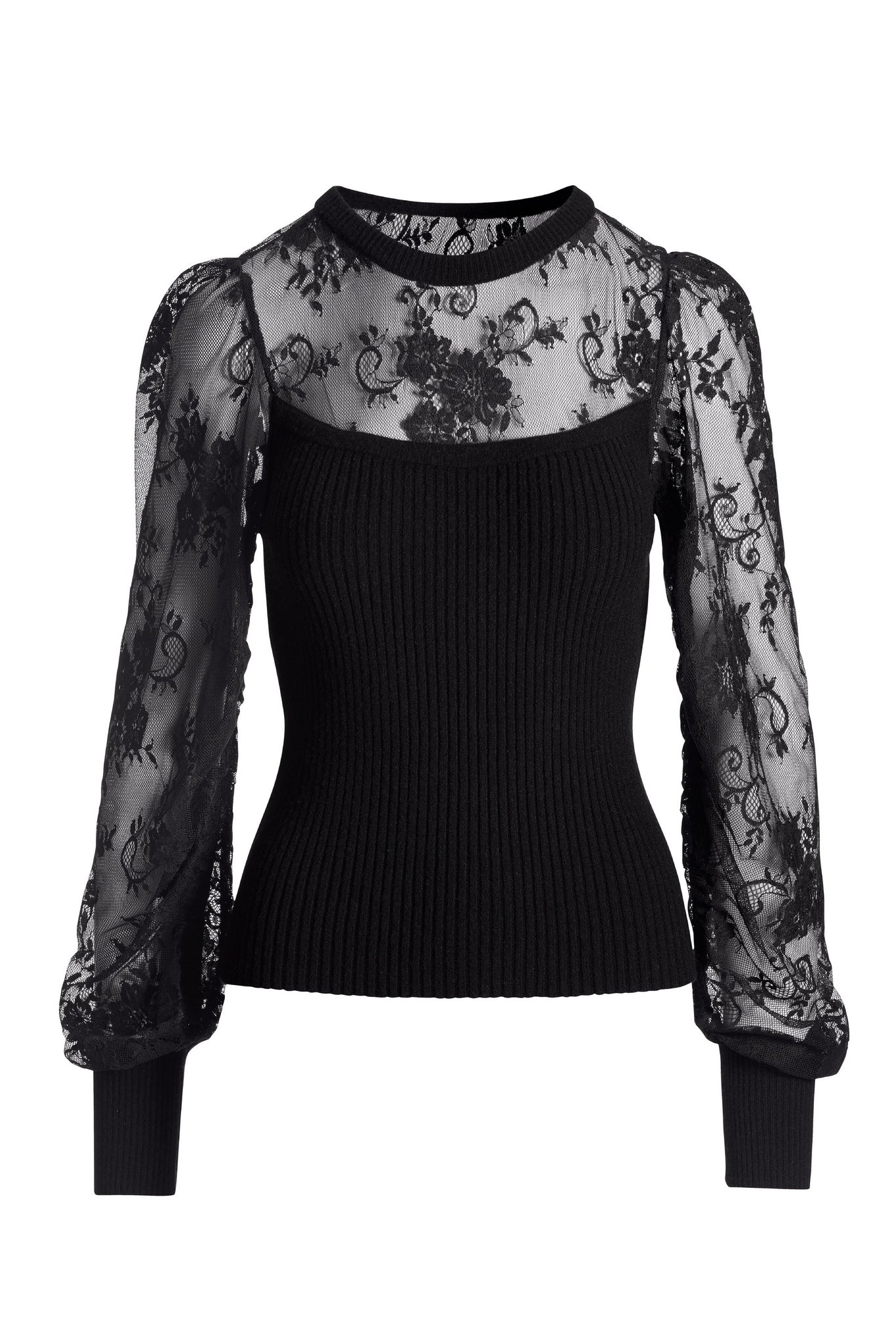 Lace Illusion Balloon-Sleeve Sweater Black - Mycitystee