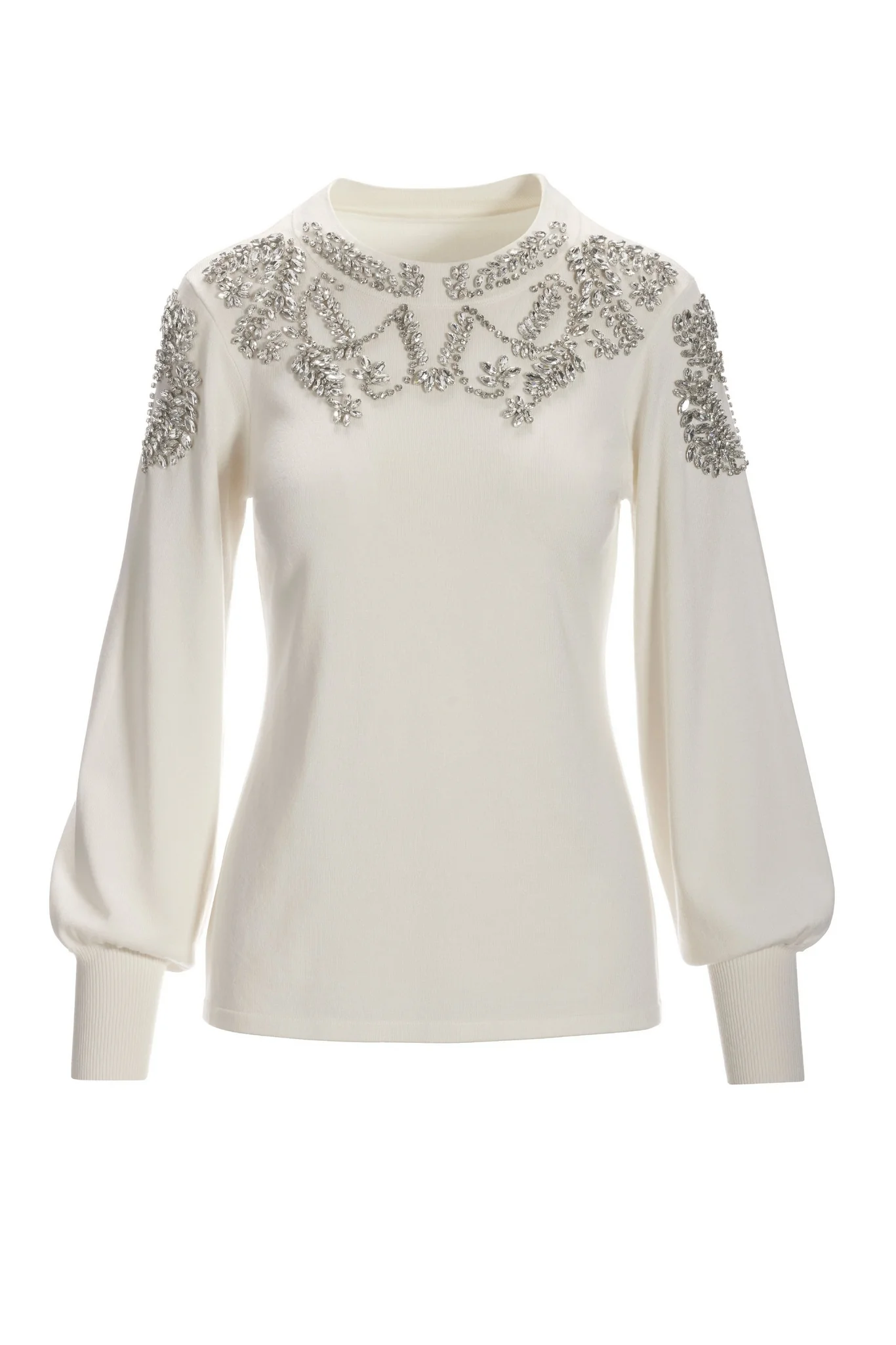 Jeweled Embellished Mock-Neck Sweater Off White - Mycitystee