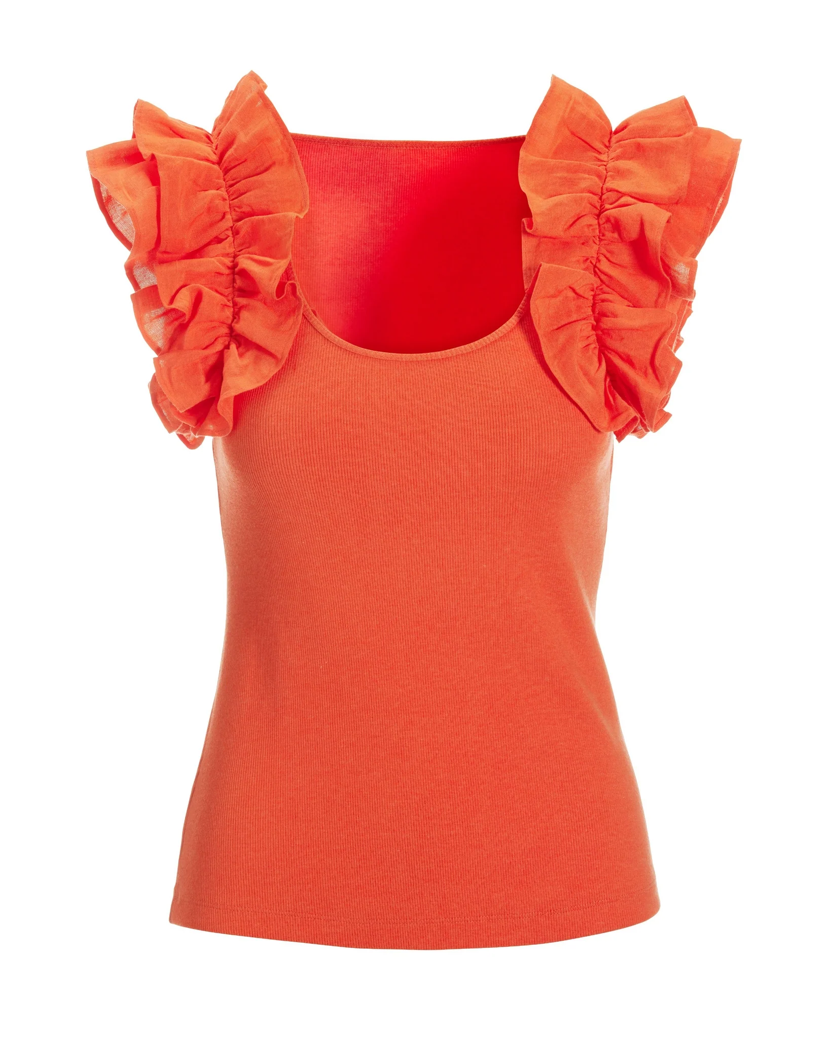 Linen Ruffle Ribbed Top Hot Coral - Mycitystee