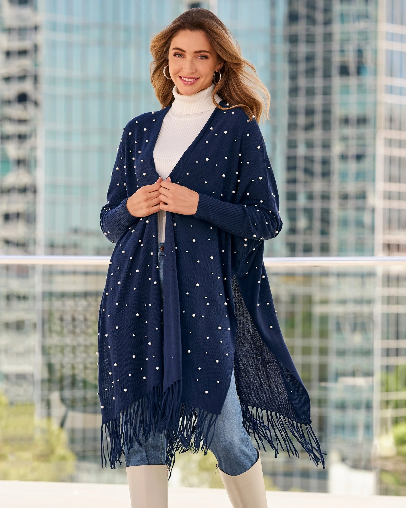 Pearl Embellished Poncho Navy - Mycitystee