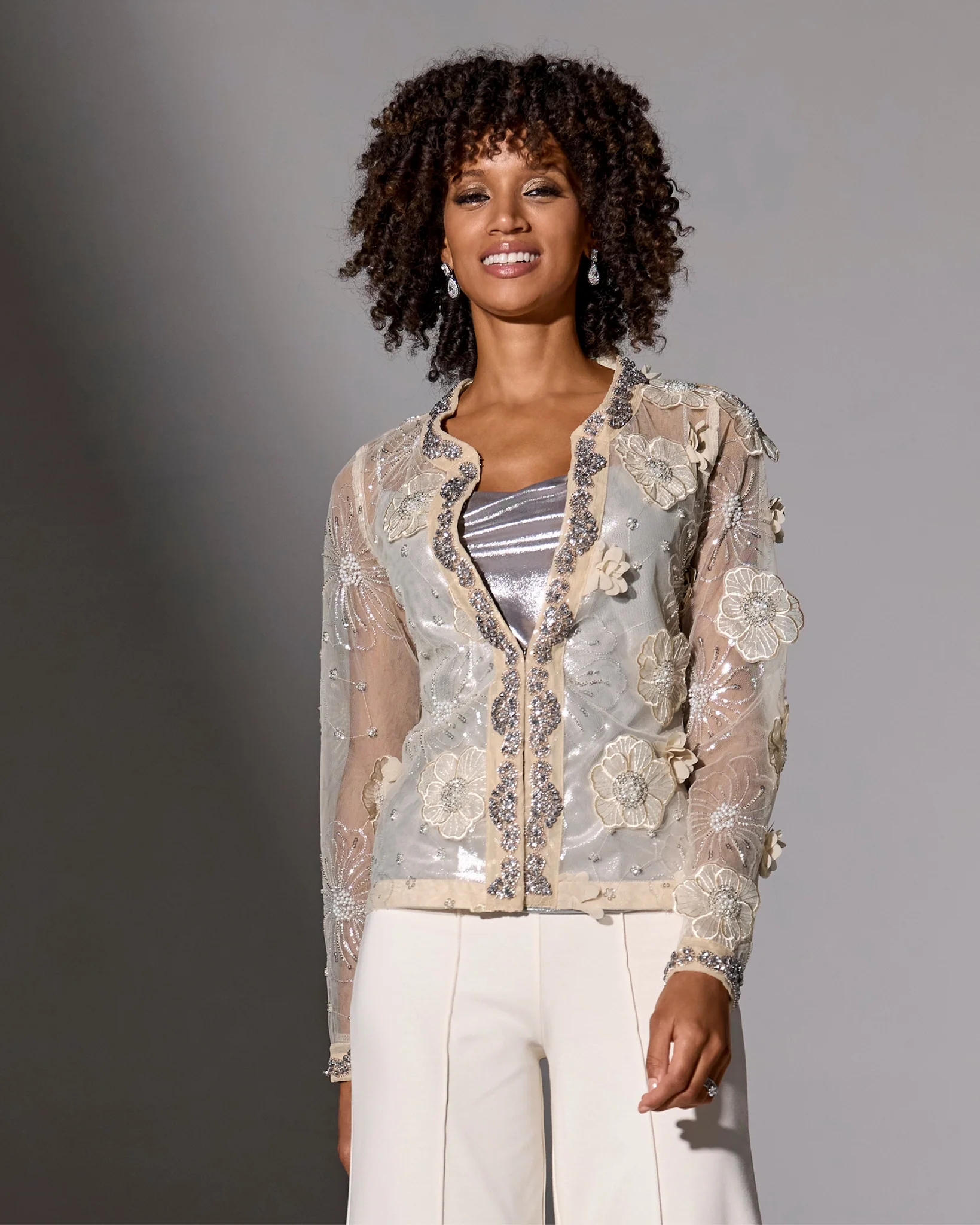 3D Floral Embellished Jacket Sandshell - Mycitystee
