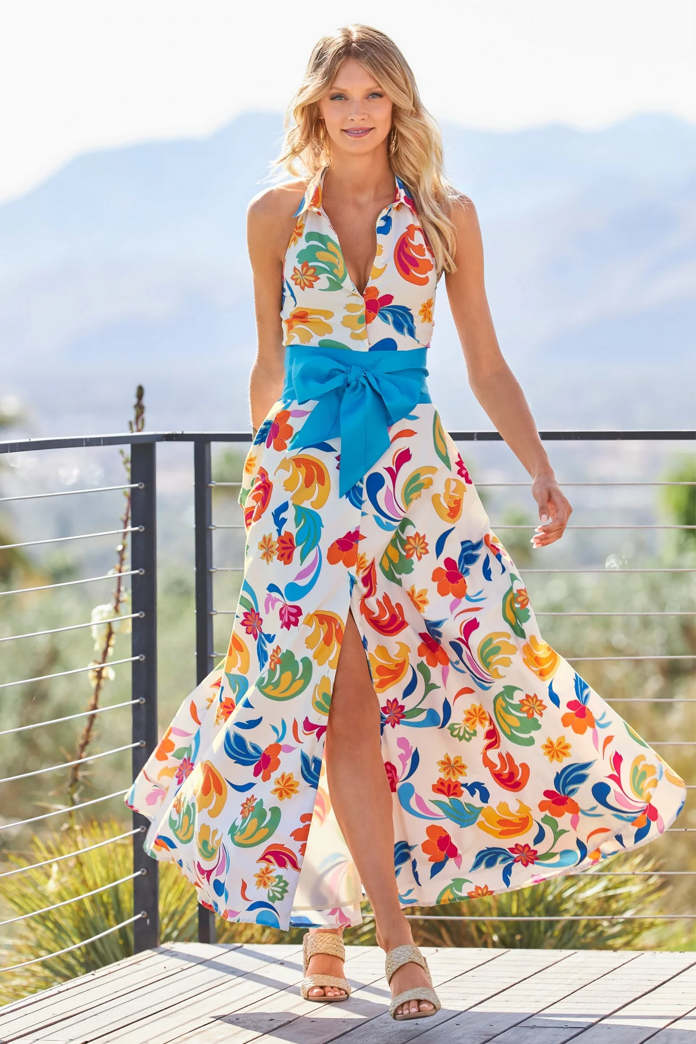 Bright Print Halter Belted Maxi Shirt Dress Multi - Mycitystee