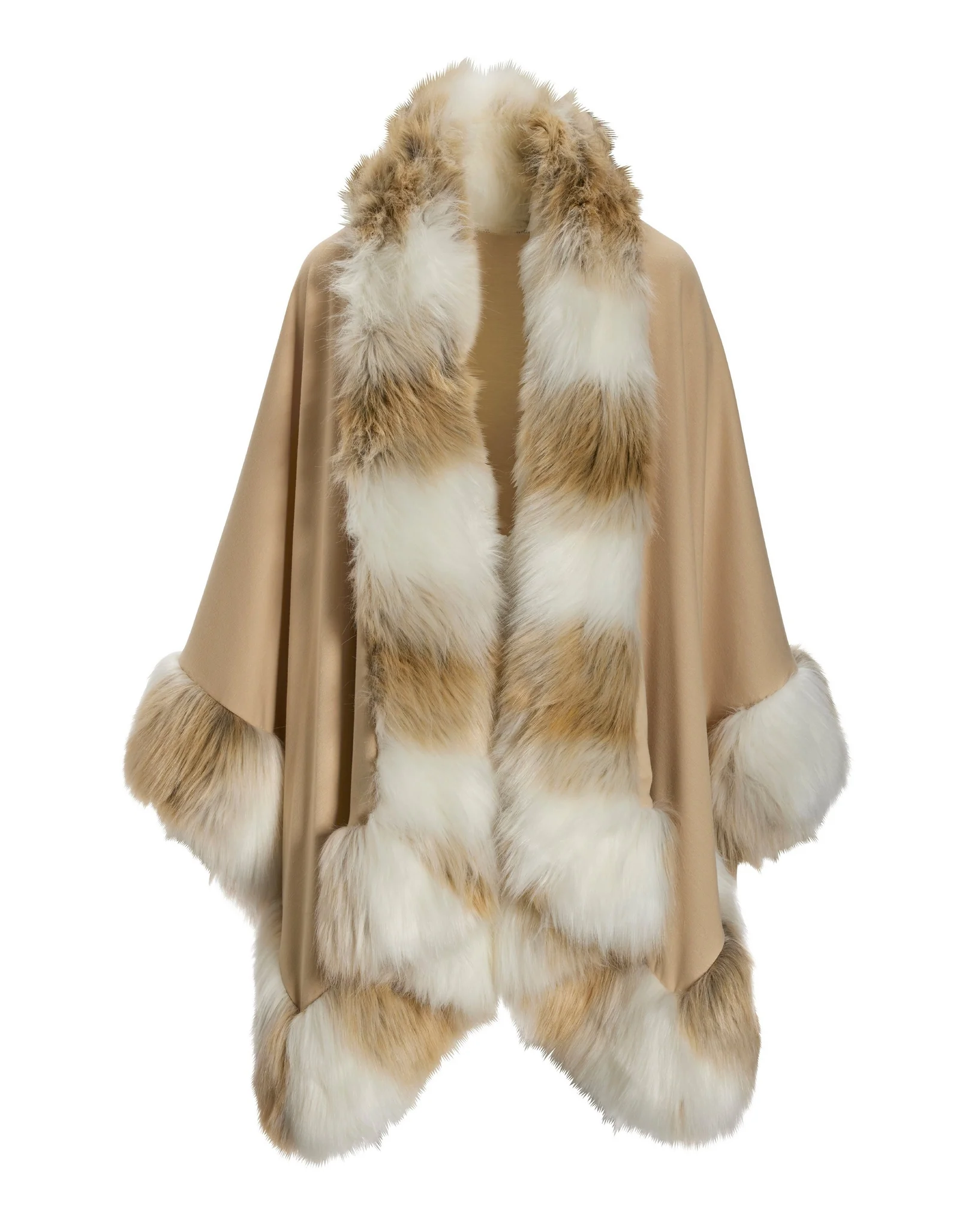 Elevated Neutral Tones Faux Fur Trim Poncho Tan - Mycitystee