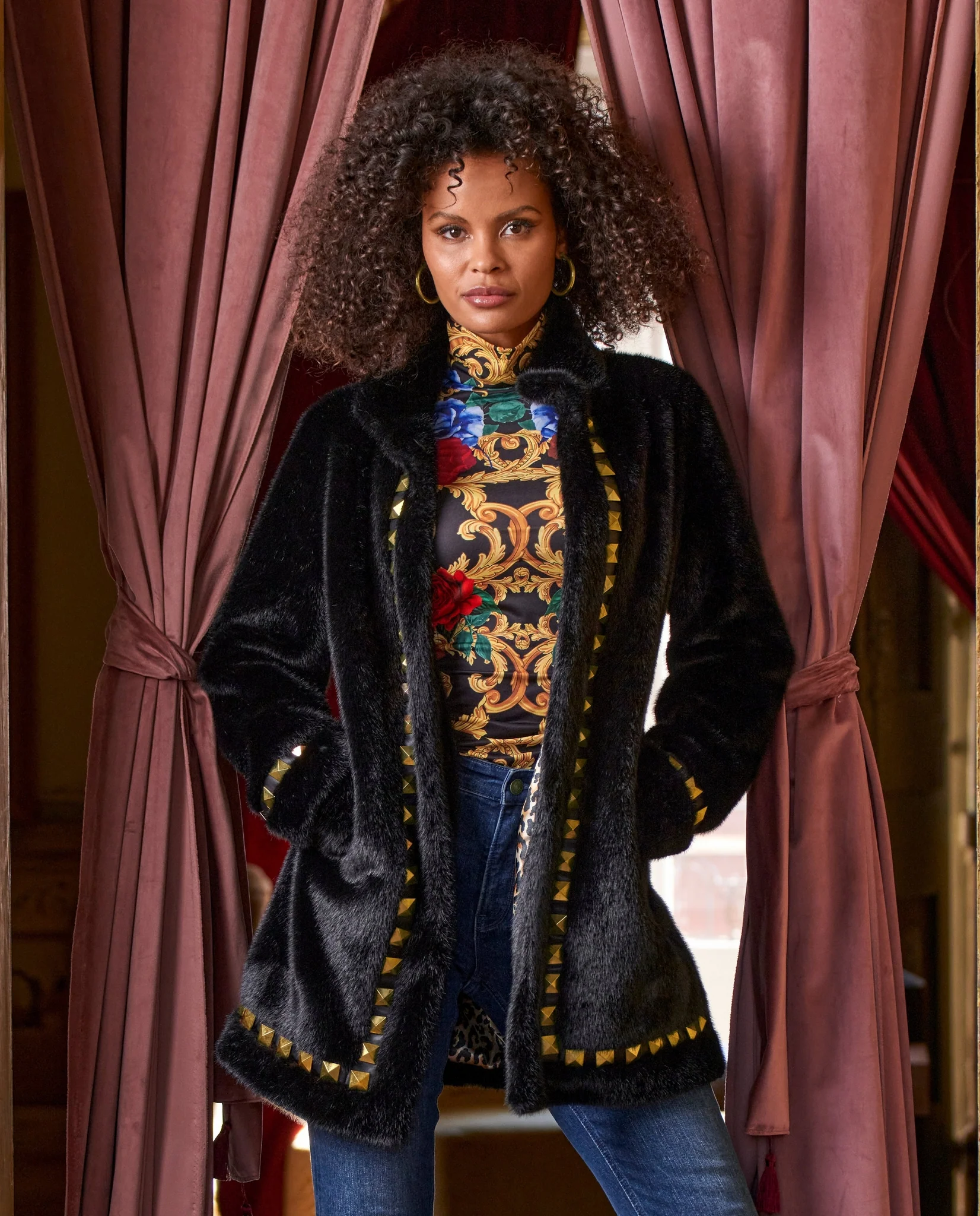 Faux Fur Studded Trim Coat Black - Mycitystee