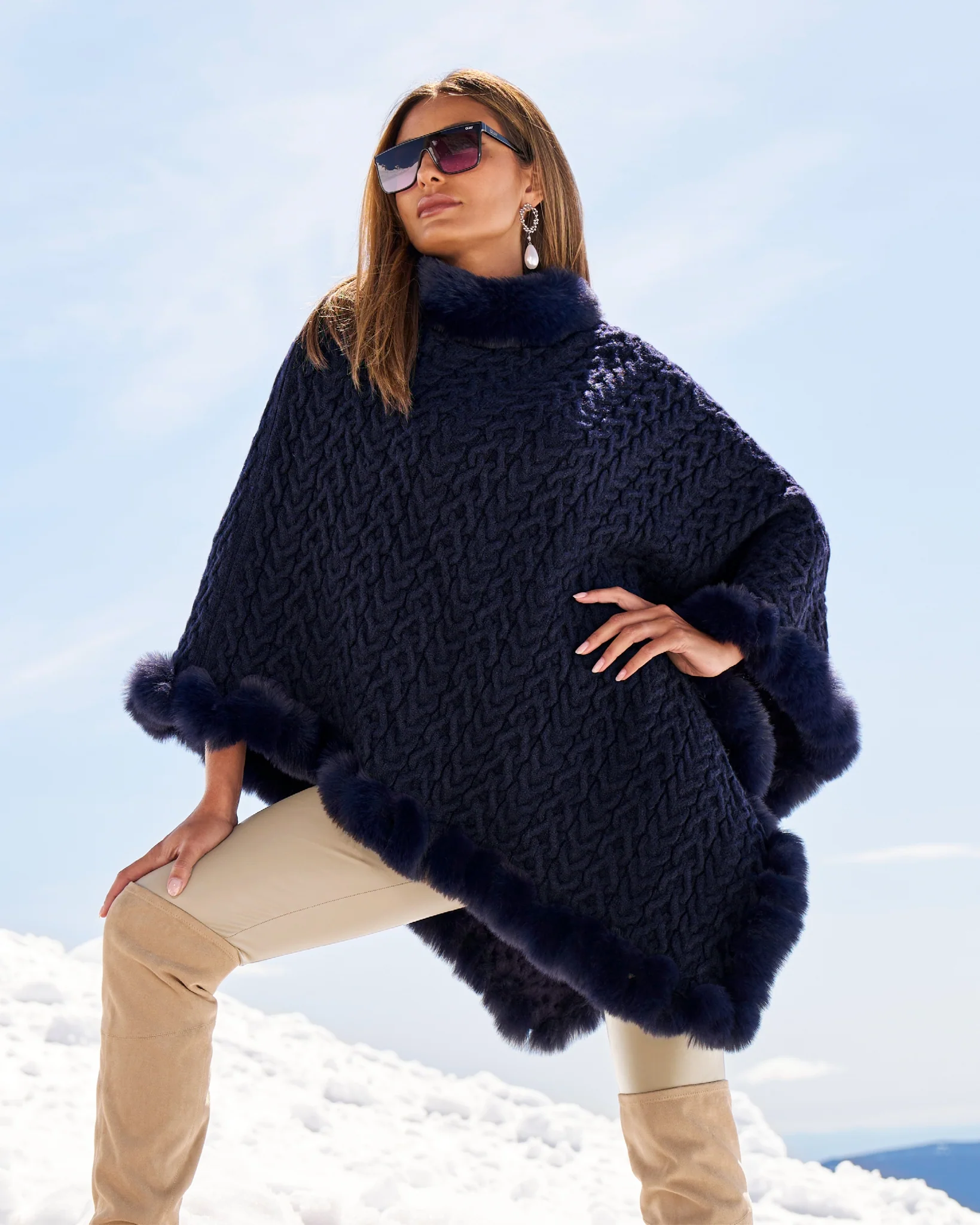 Cable Fur Trim Poncho Evening Blue - Mycitystee