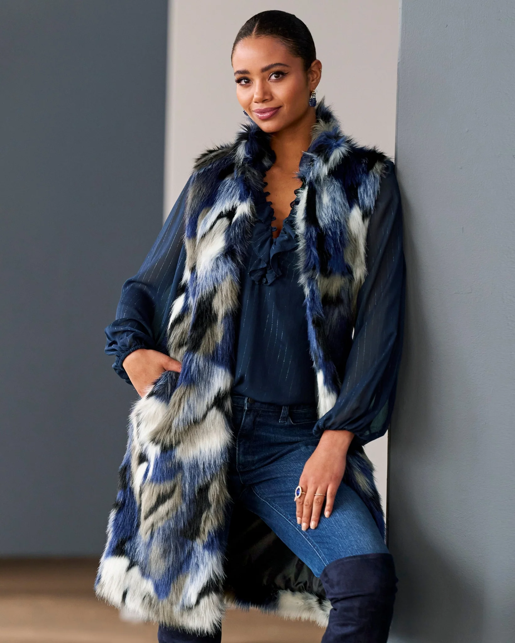 Multi Color Faux Fur Vest Blue Multi - Mycitystee