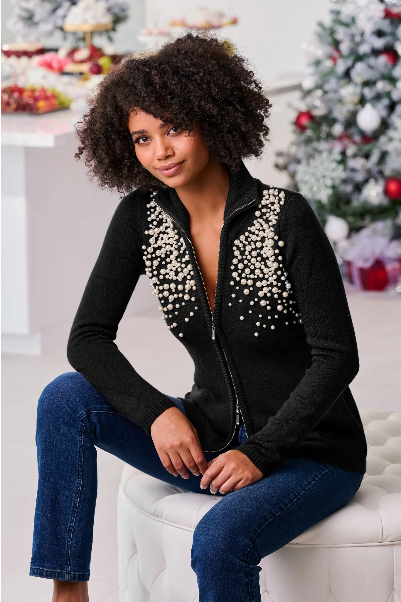 Pearl Embellished Zip-Up Cardigan Sweater Black - Mycitystee