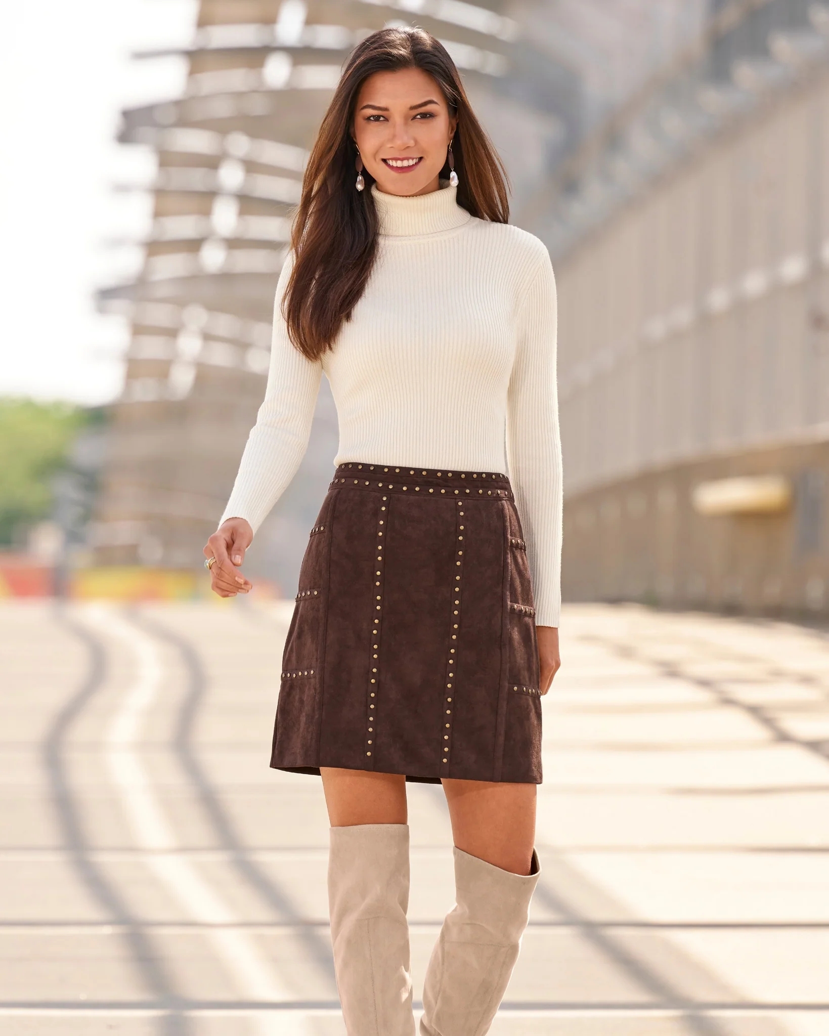 Faux Suede Studded Mini Skirt Brown/Brass - Mycitystee