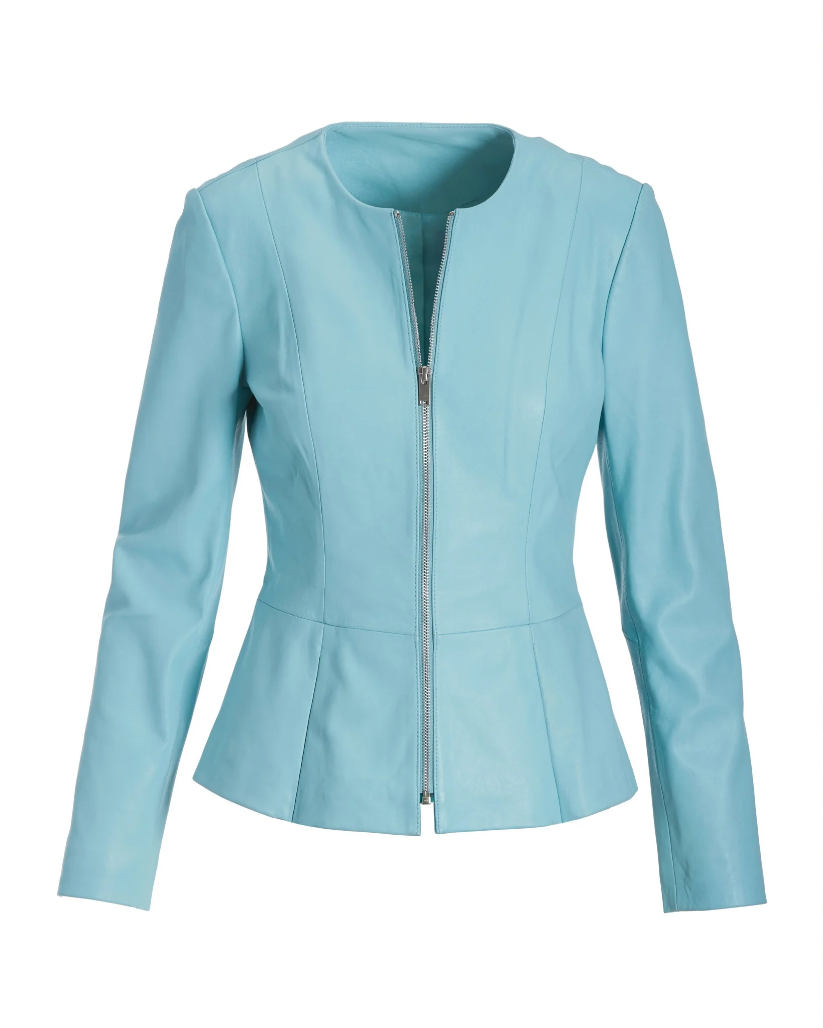 Collarless Peplum Leather Jacket Aqua - Mycitystee