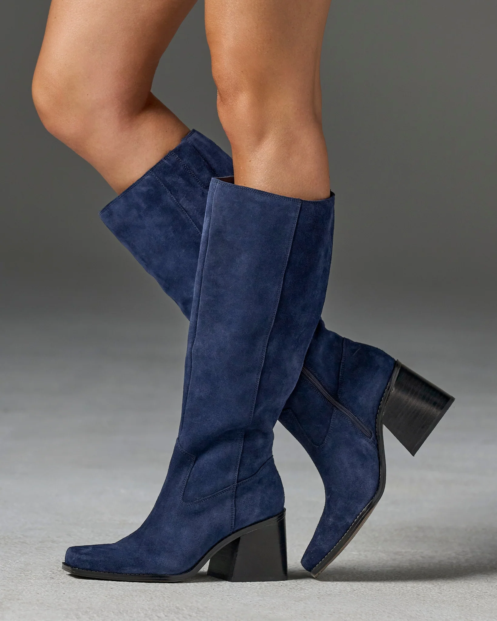 Suede Knee-High Block-Heel Boot Navy - Mycitystee
