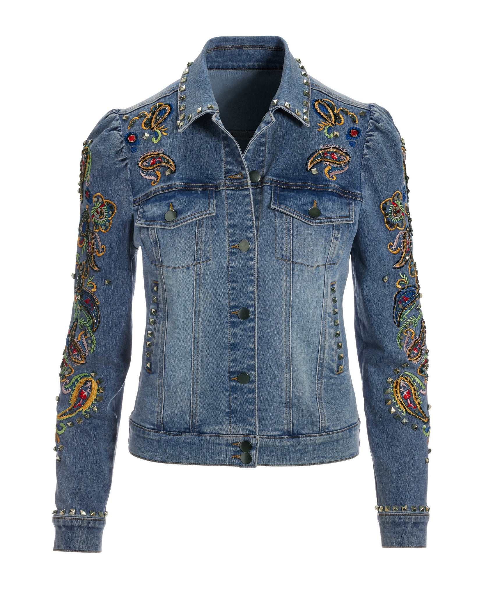 Paisley Embroidered And Embellished Puff Sleeve Denim Jacket Light Wash - Mycitystee