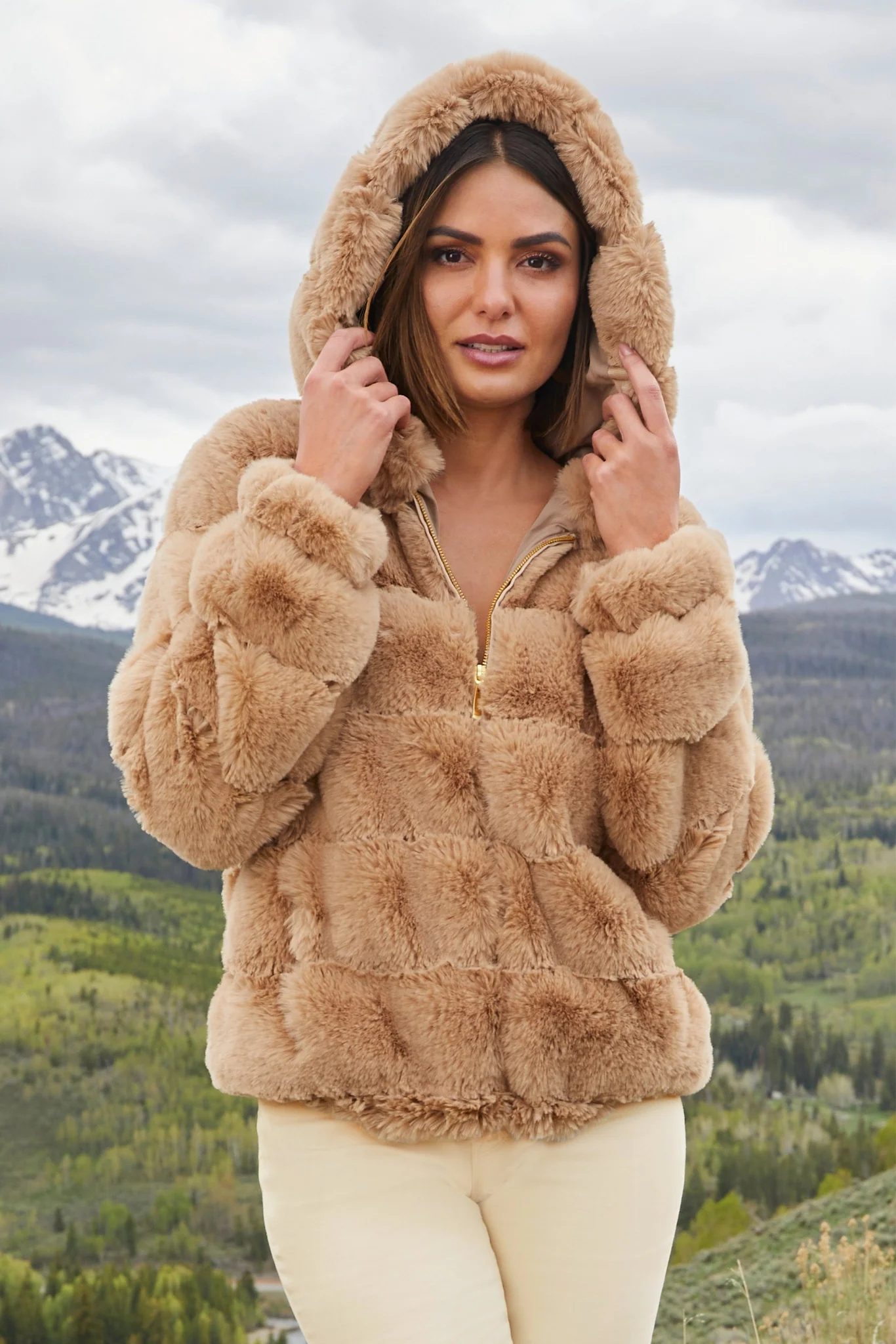 Quilted Faux Fur Hooded Jacket Camel - Mycitystee