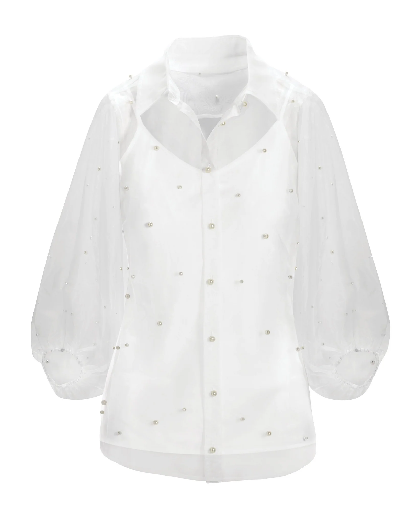 Pearl Embellished Organza Balloon Sleeve Shirt Off White - Mycitystee