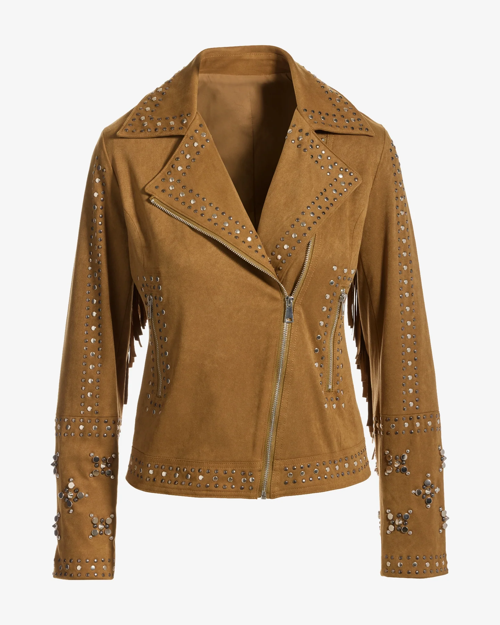 Studded Faux Suede Fringe Moto Jacket Camel - Mycitystee