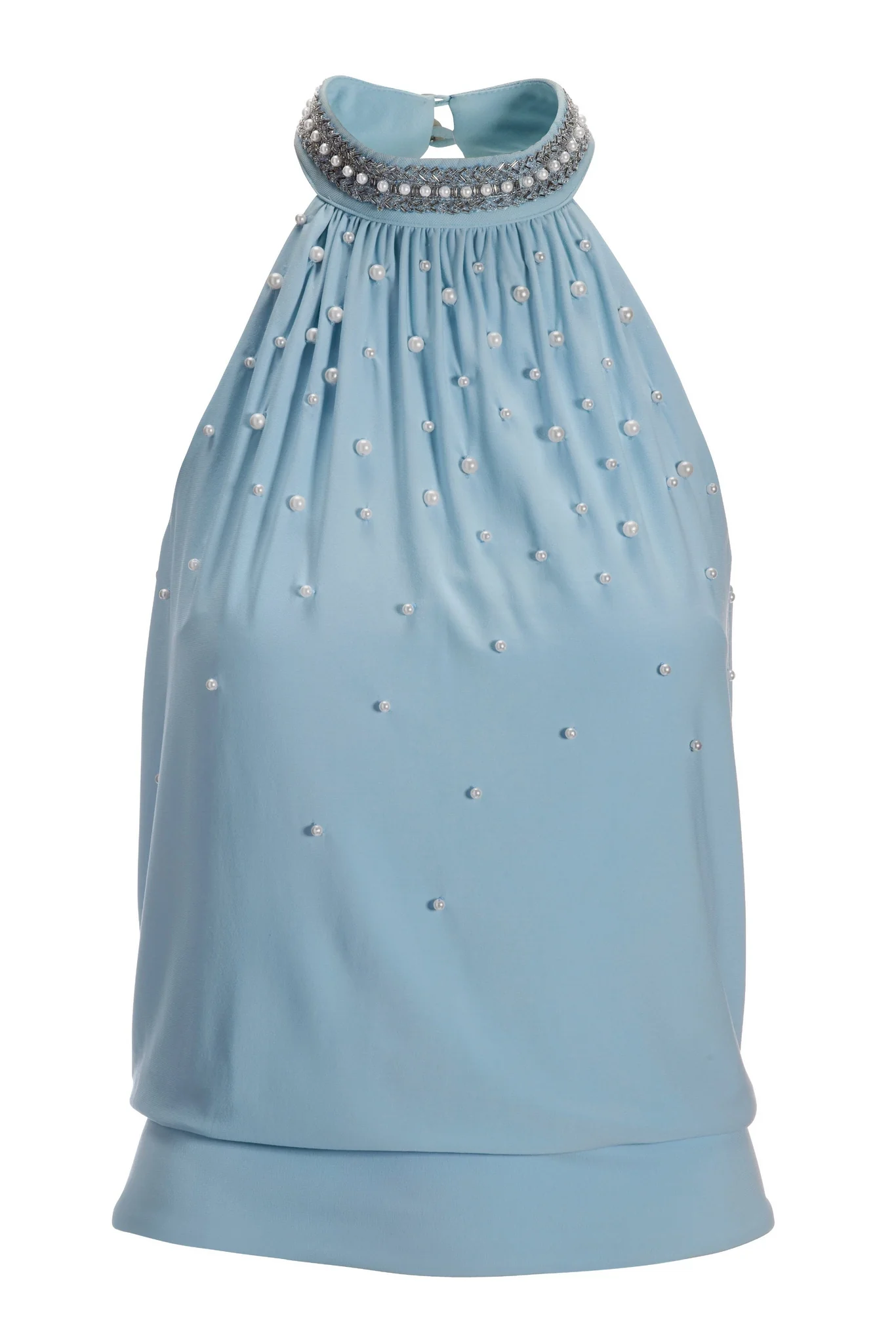 Pearl Embellished Mock Neck Banded Bottom Top Airy Blue - Mycitystee