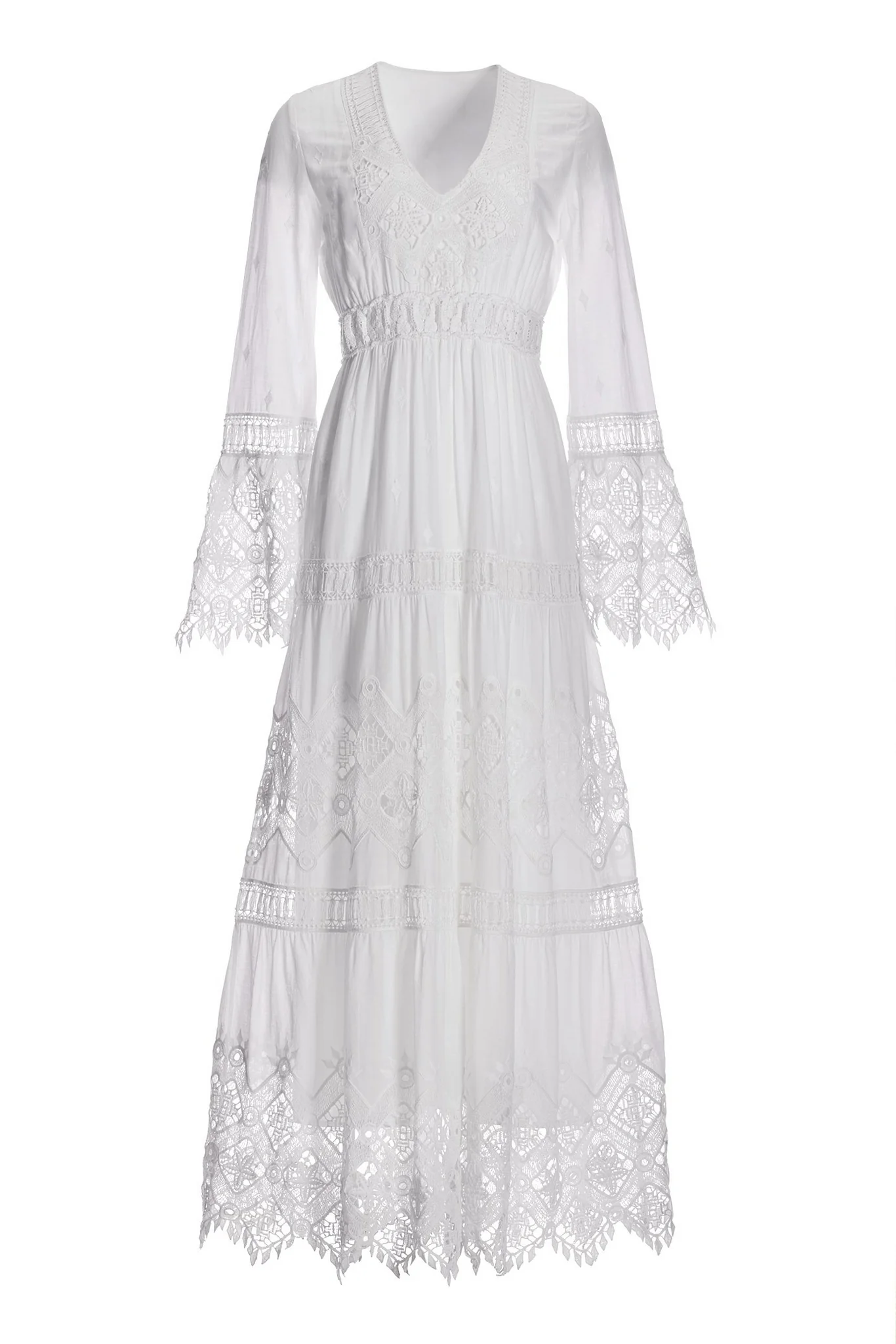 Lace Inset Flare Sleeve Maxi Dress White - Mycitystee