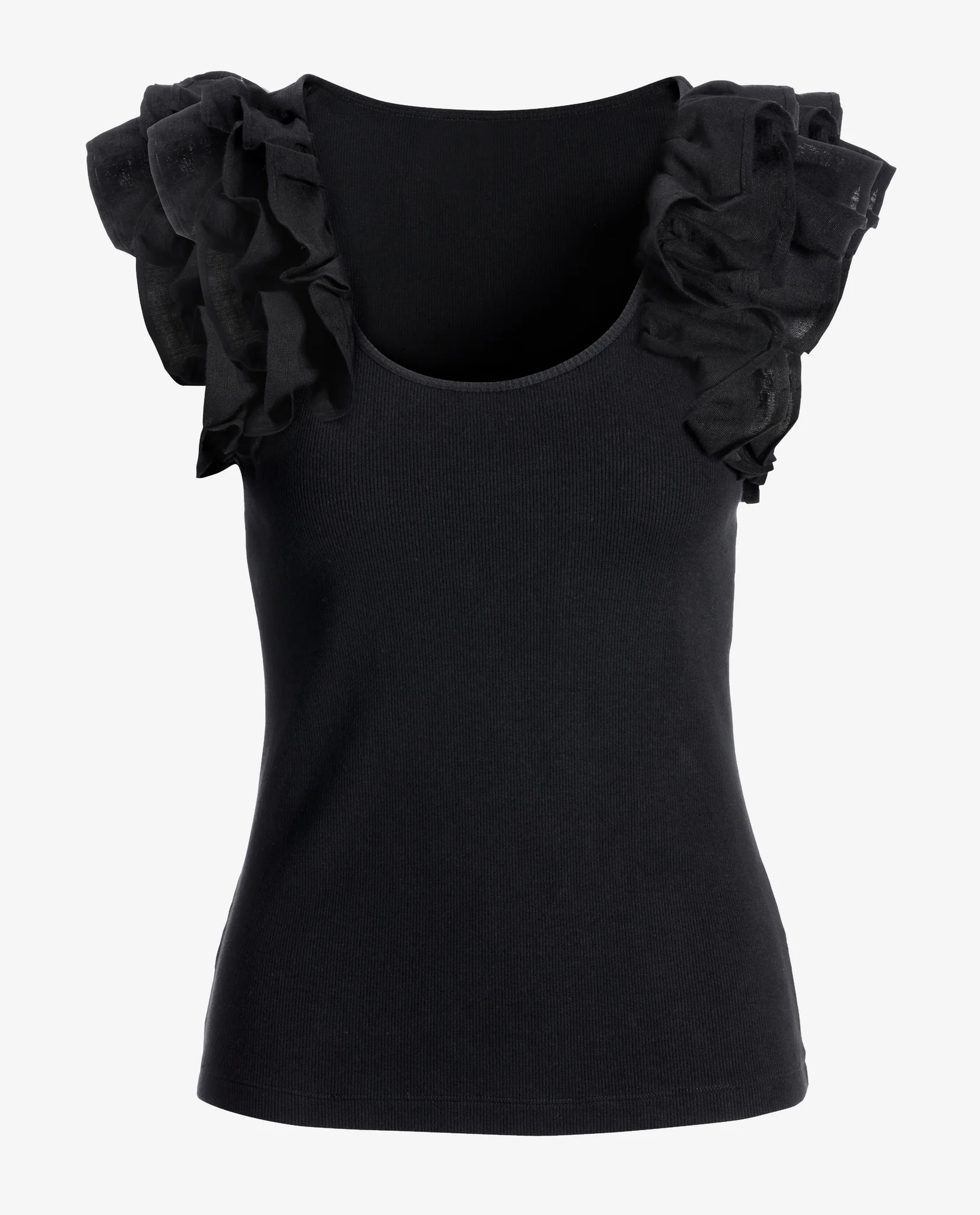Linen Ruffle Ribbed Top Black - Mycitystee