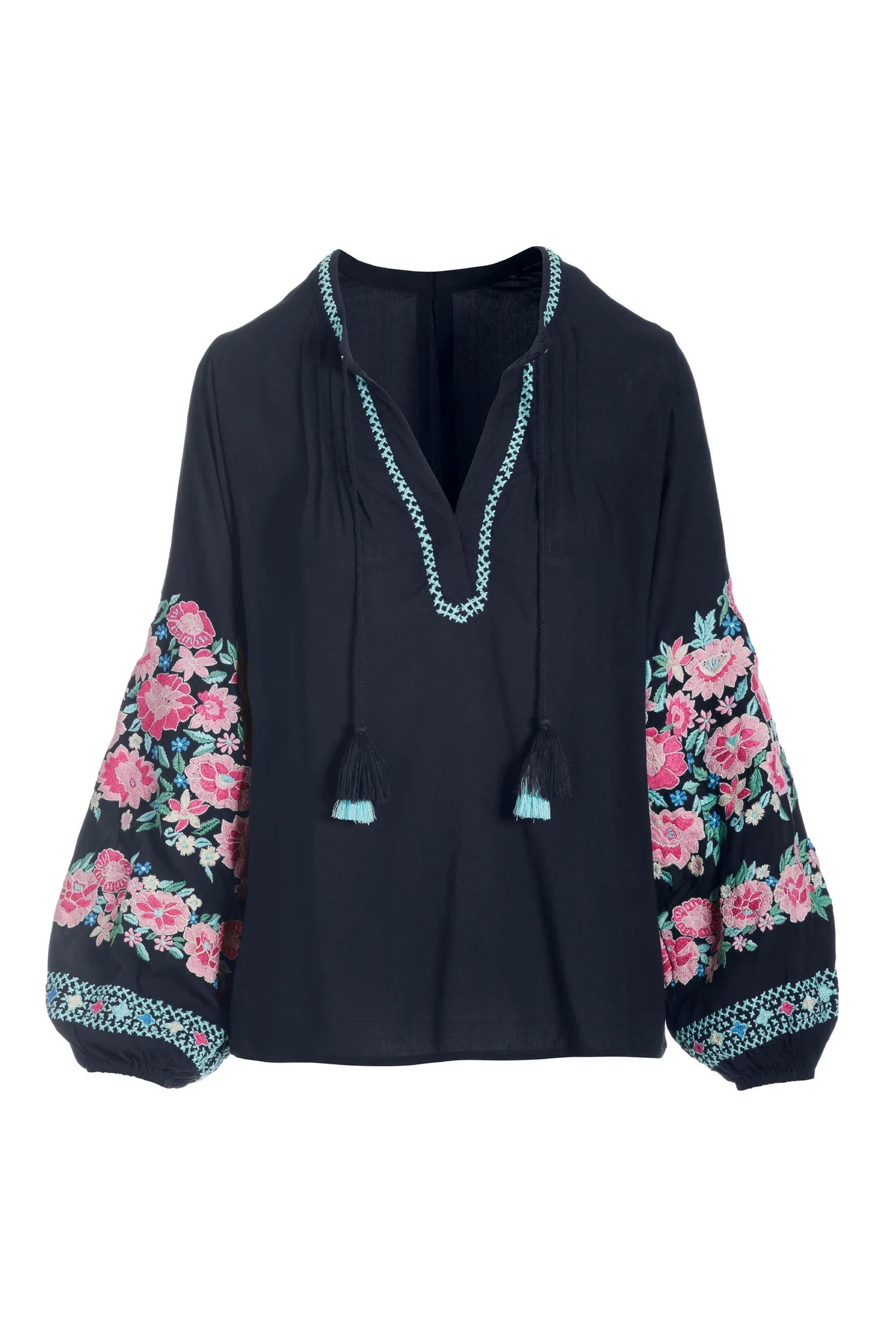 Embroidered Balloon Sleeve V Neck Blouse Black Multi - Mycitystee