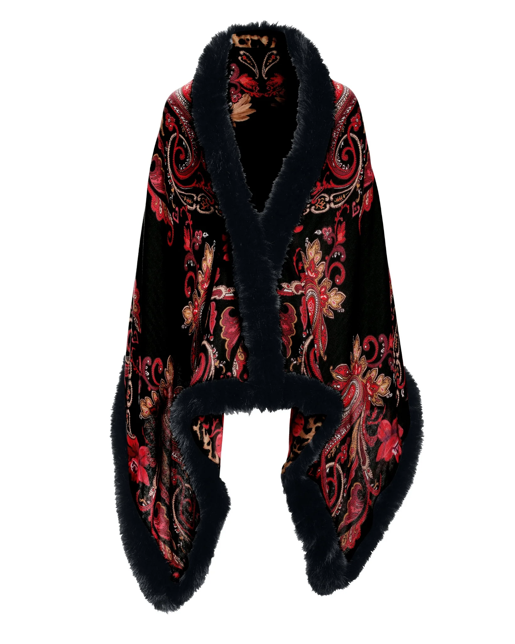 Fall Border Print Faux Fur Trim Shawl Black Multi - Mycitystee