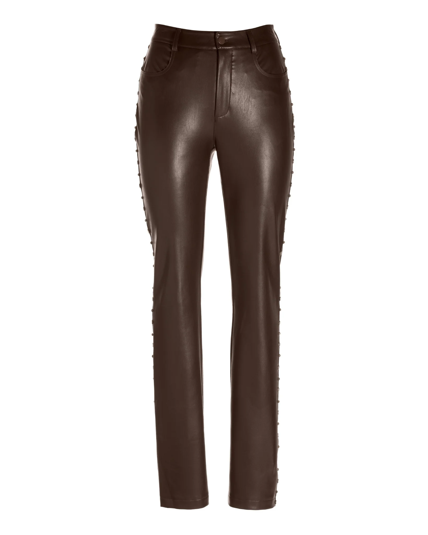 Newport Studded Faux Leather Five Pocket Slim Straight Pant Chocolate/Brass - Mycitystee