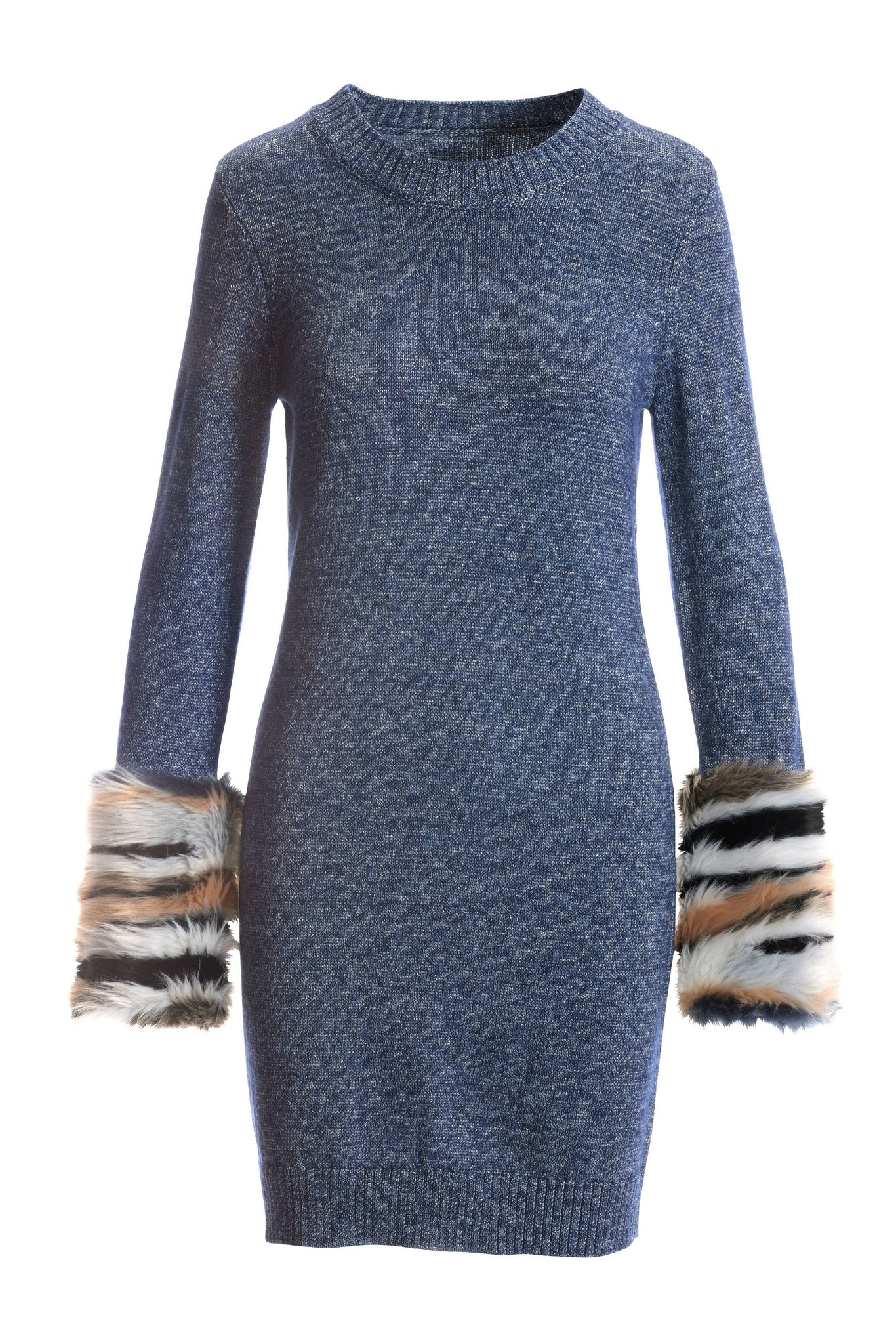 Multi Faux Fur Cuff Lurex Sweater Dress Blue Multi - Mycitystee