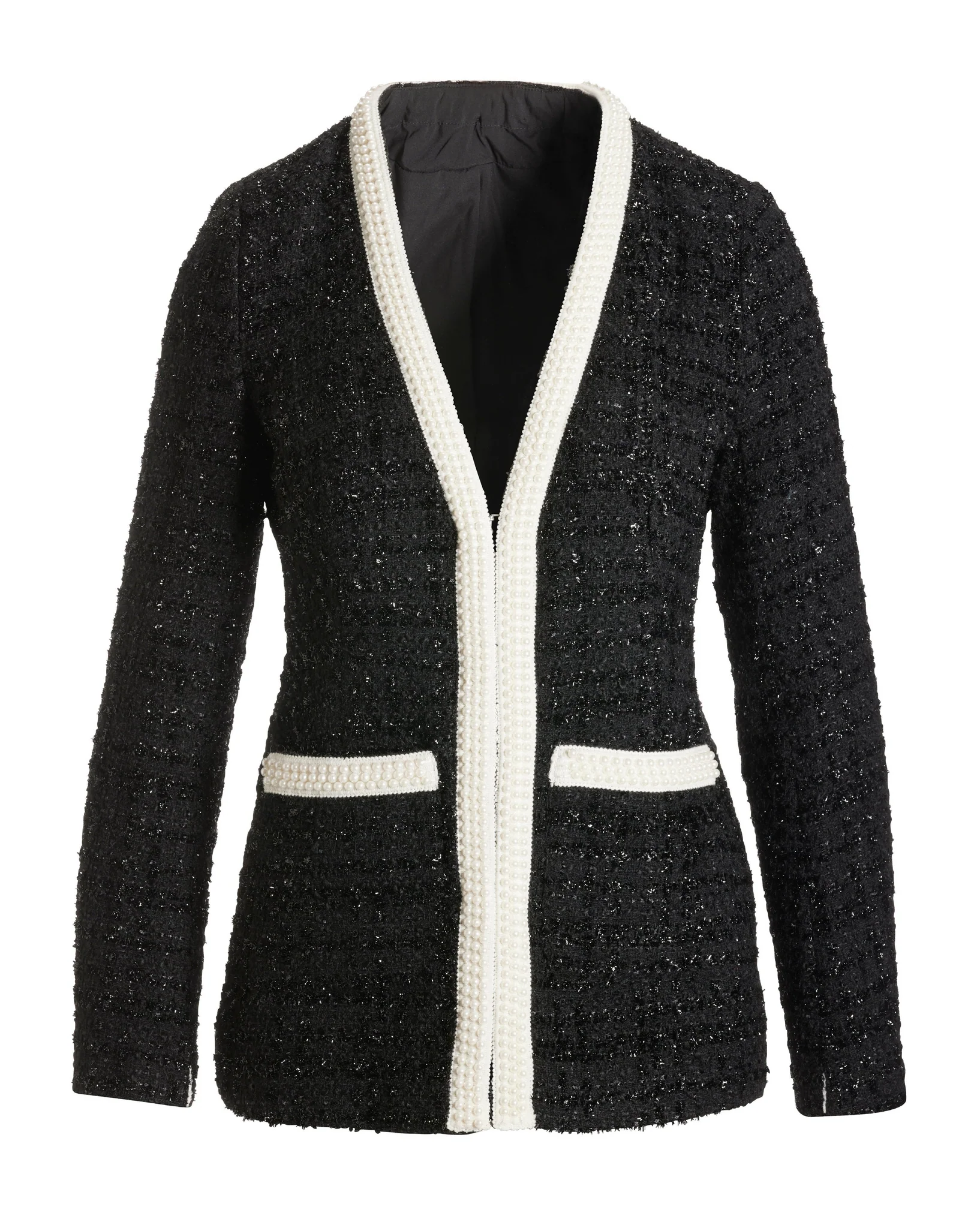 Classic Pearl Trim Tweed Parisian Jacket Black - Mycitystee