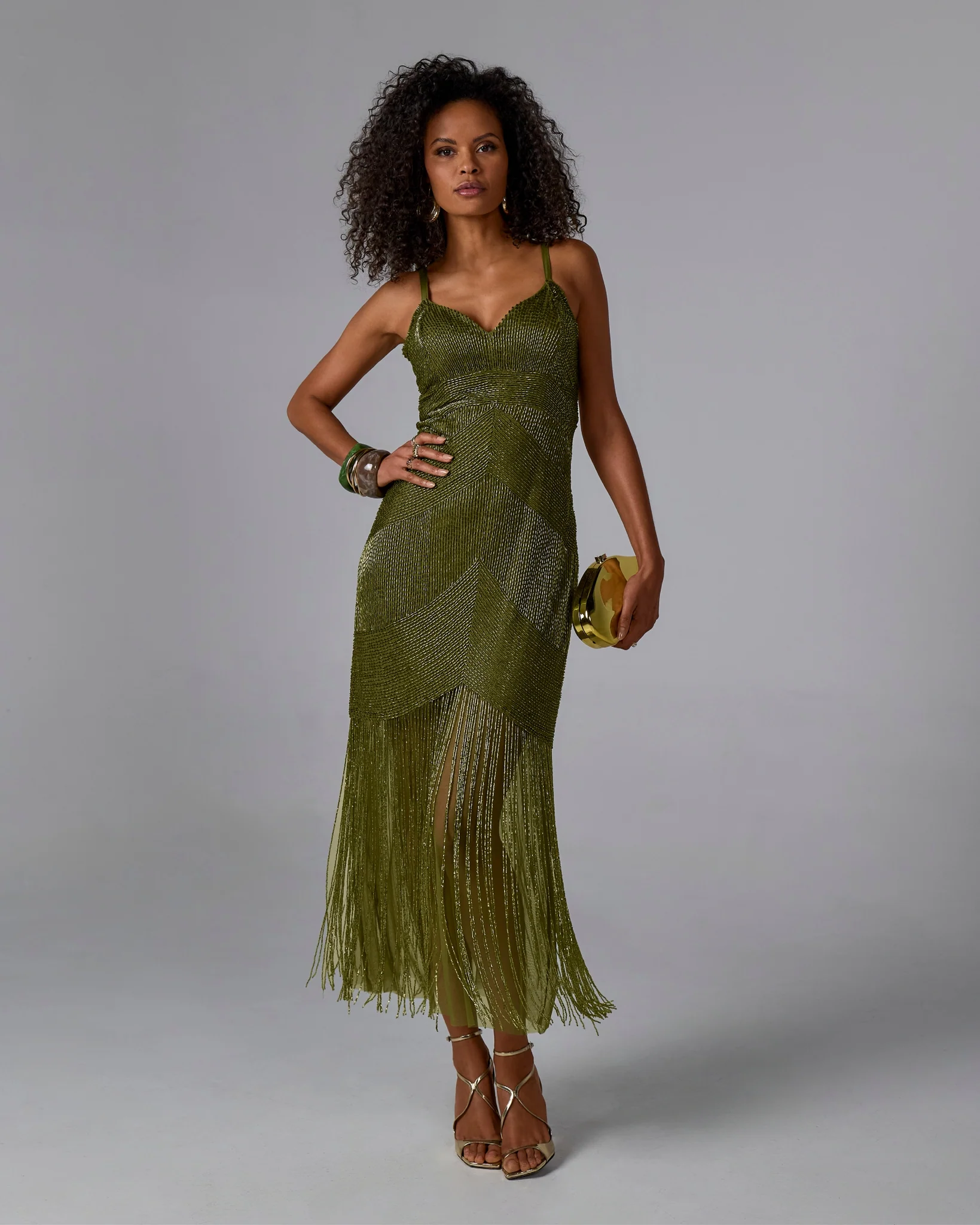 All Over Beaded Fringe Maxi Dress Olive - Mycitystee