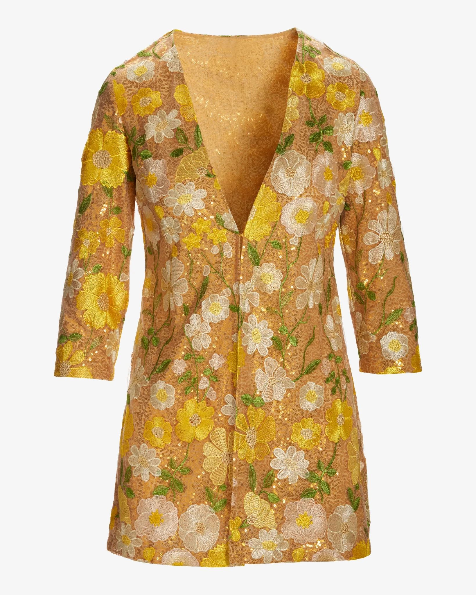 Sequin Embroidered Mesh Hip Length Duster Yellow Multi - Mycitystee