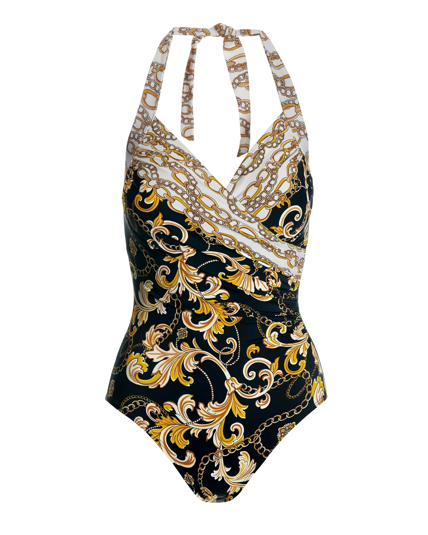 Swim Sense Filigree Status Print Surplice One Piece Black/Gold - Mycitystee