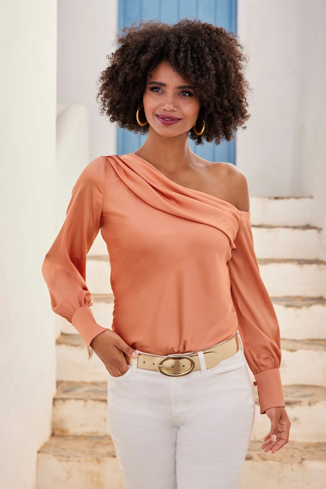 Amelia Shoulder-Skimming Charmeuse Blouse Peach - Mycitystee