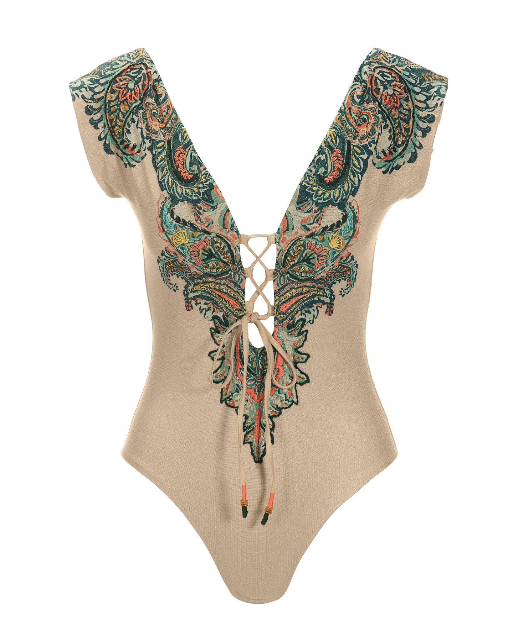 Paisley Embroidered Lace-Up Plunge One-Piece Swimsuit Ivory Multi - Mycitystee