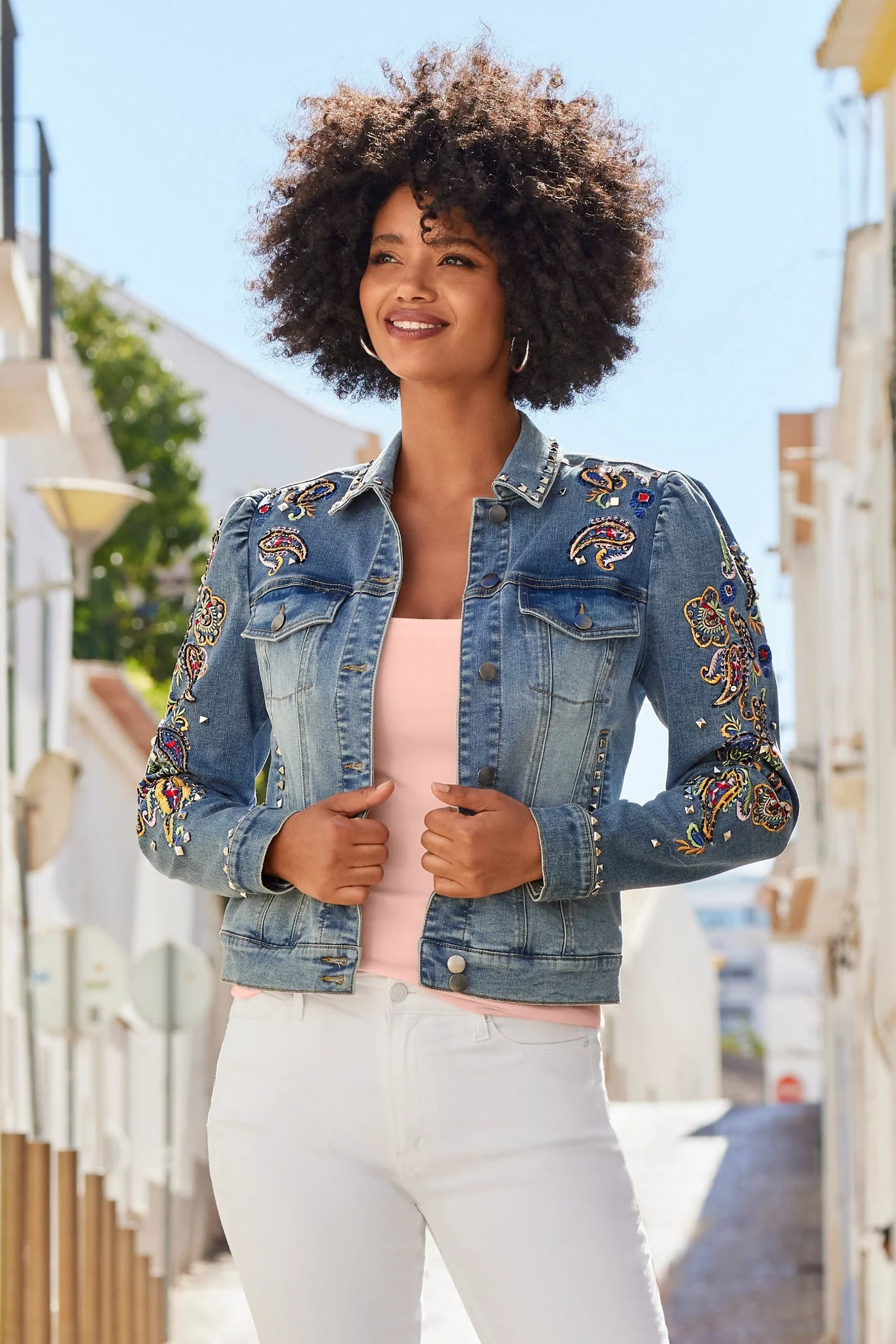 Paisley Embroidered And Embellished Puff Sleeve Denim Jacket Light Wash - Mycitystee