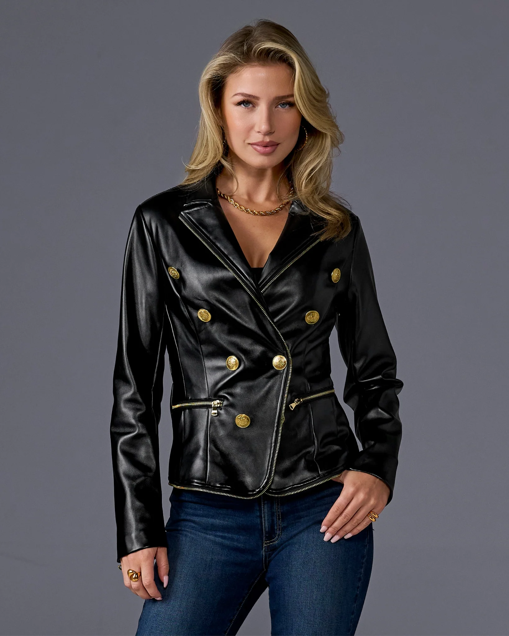 Zip Trim Faux Leather Double Breasted Jacket Black - Mycitystee