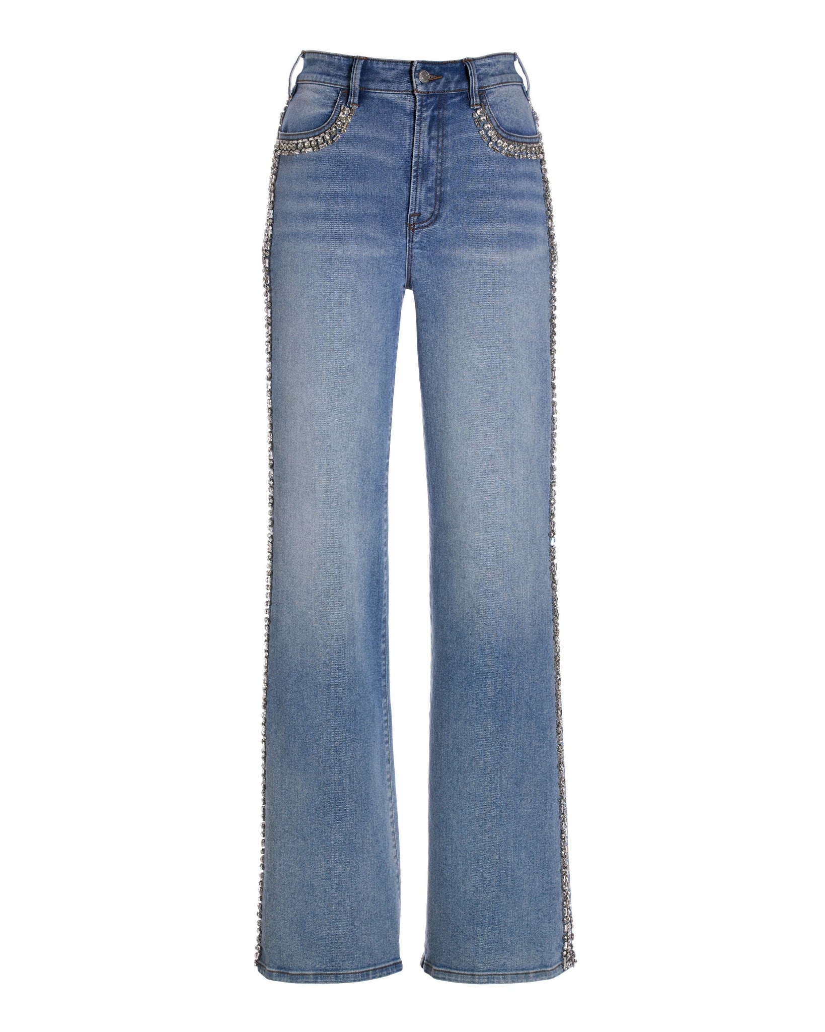 Malibu Embellished Crystal Trim Palazzo Jean Light Wash Denim - Mycitystee
