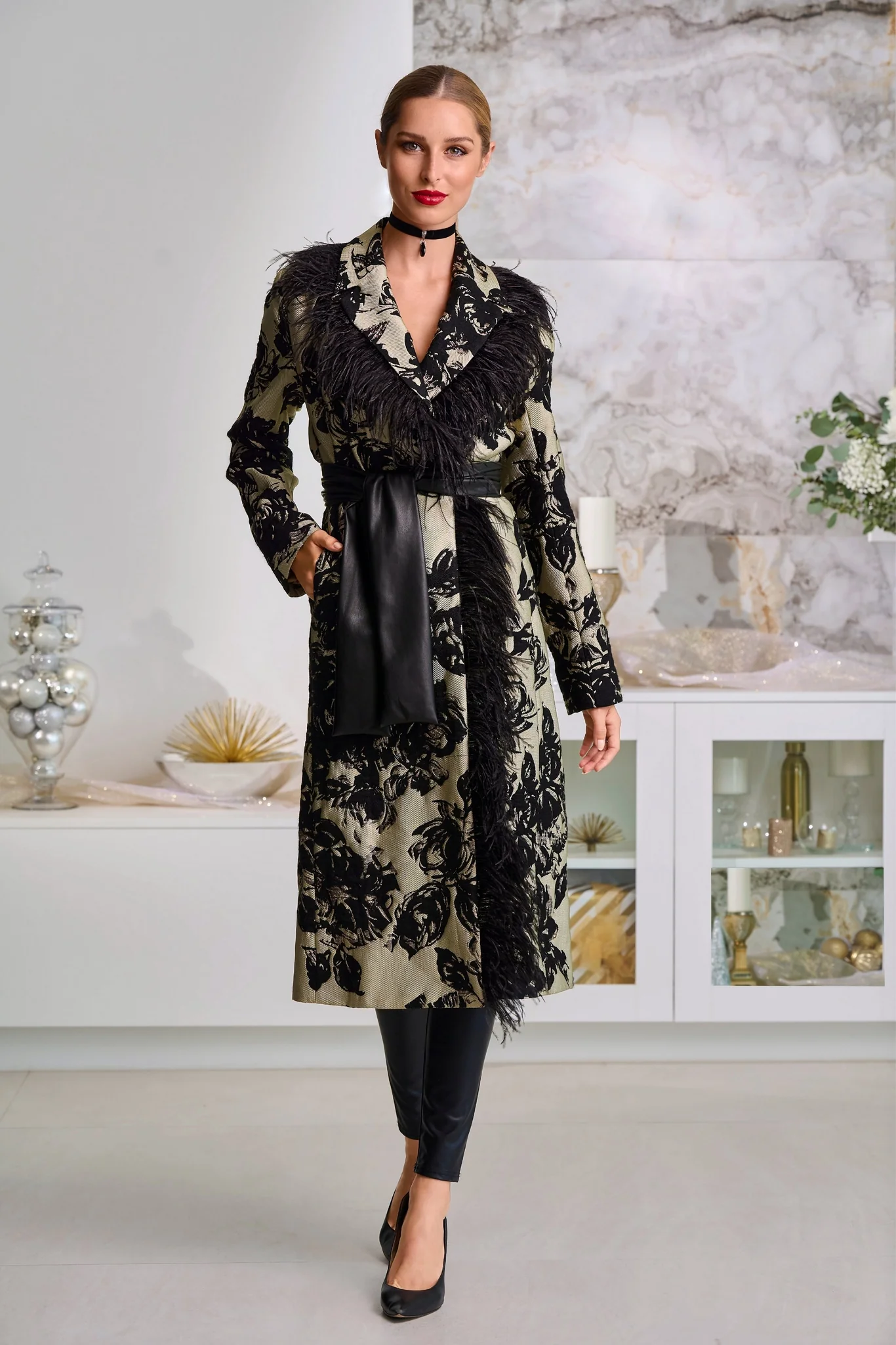 Faux-Feather Trim Jacquard Statement Coat Black Multi - Mycitystee