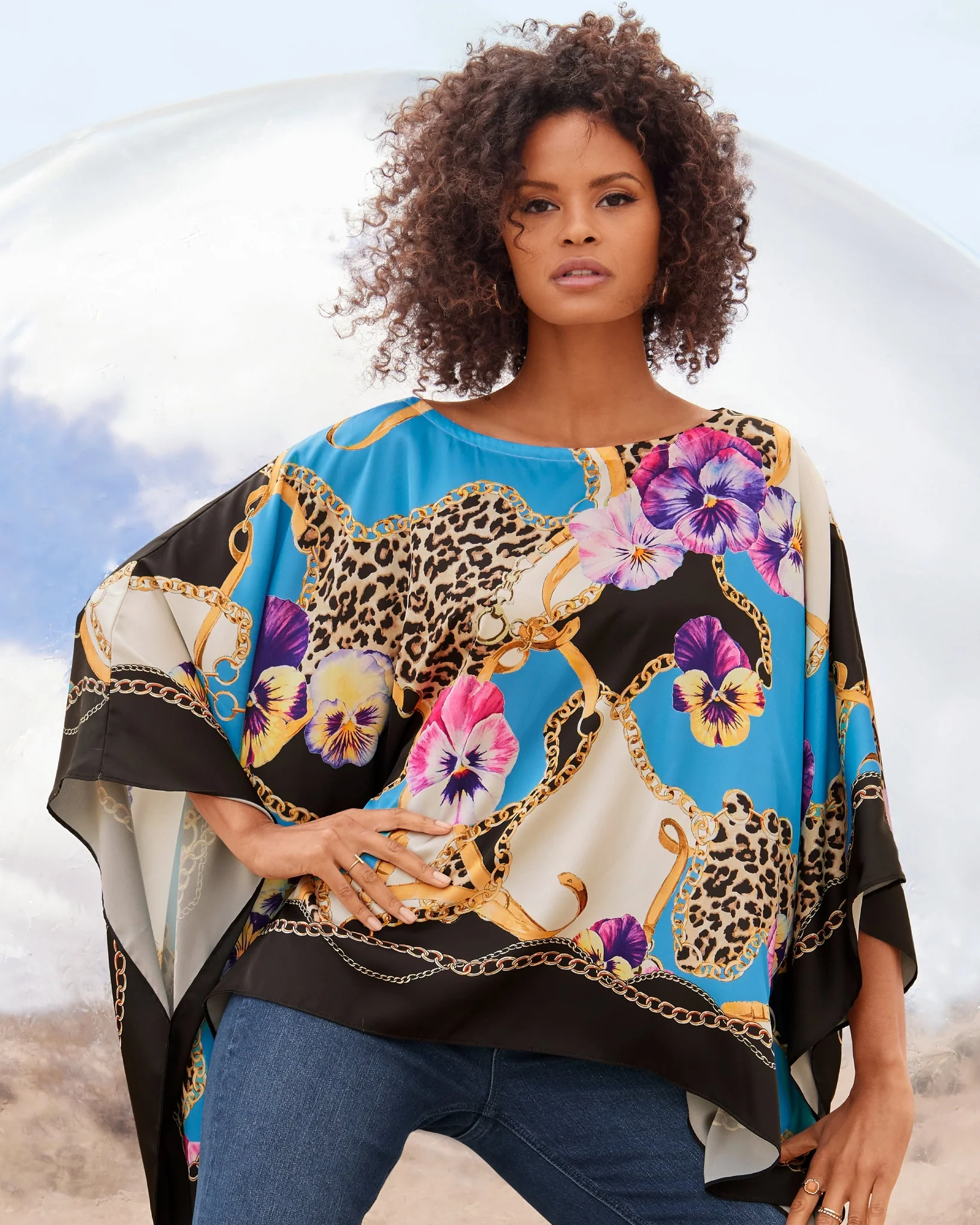 Wild Pansies Print Roxy Effortless Charmeuse Blouse Blue Multi - Mycitystee