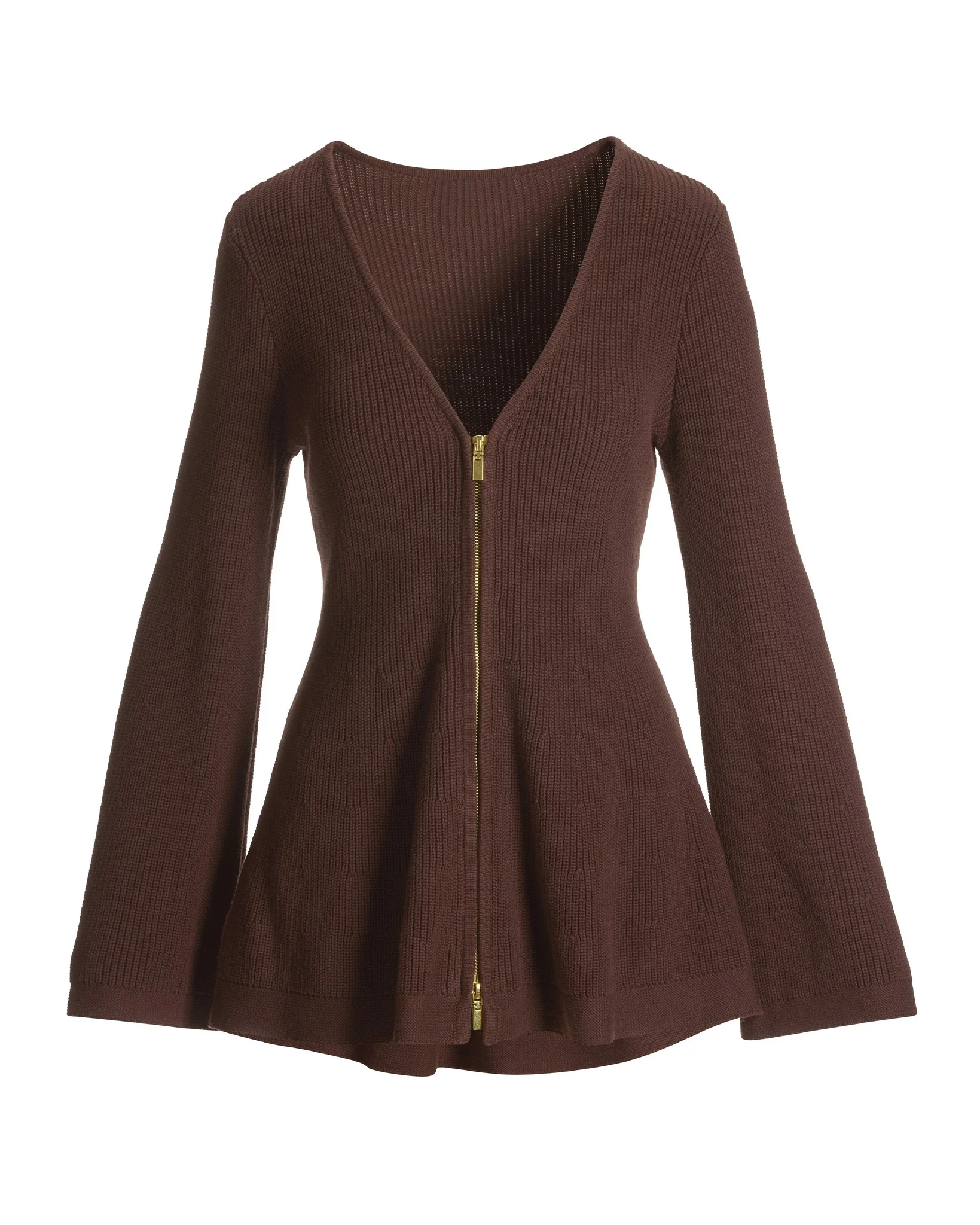 A Line Bell Sleeve Zip Up Cardigan Safari Brown - Mycitystee