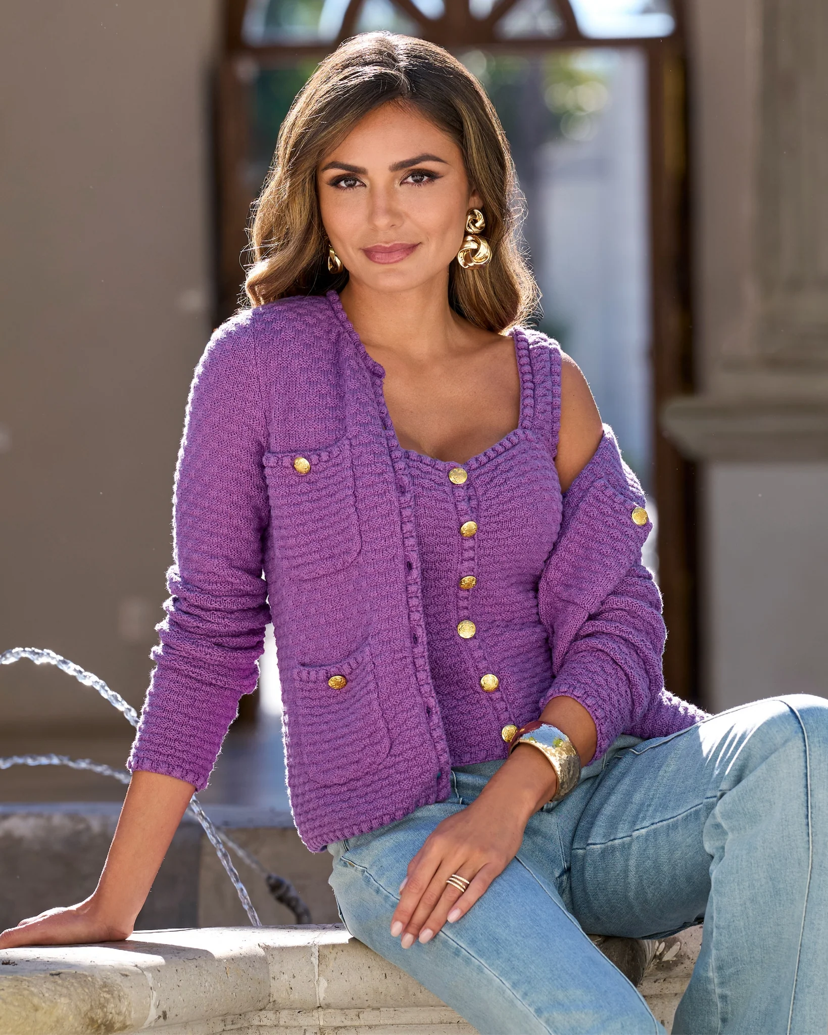 Button Detail Pocket Sweater Cardigan Amethyst Orchid - Mycitystee
