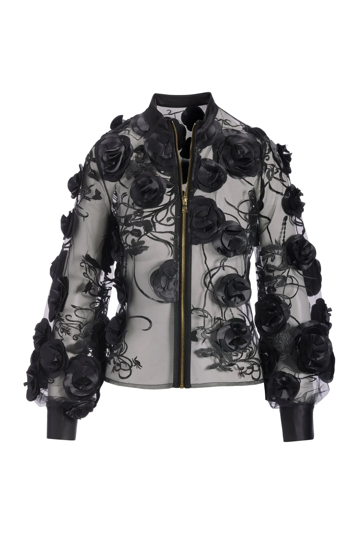 Mesh 3D Rosette Zip Jacket Black - Mycitystee